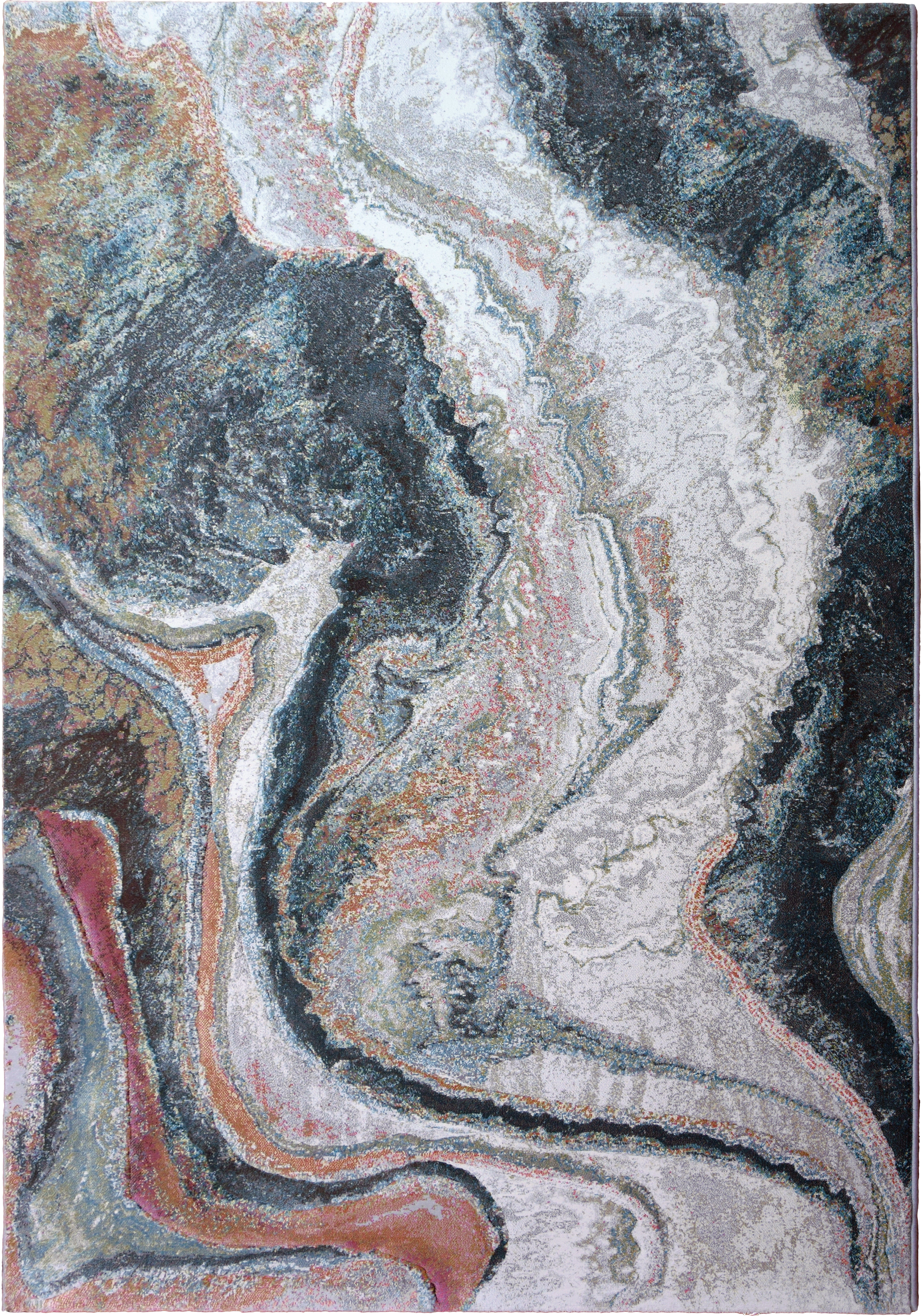 Alfombra pie de cama polipropileno pelo medio monetti 63618/7270 geométrico gris,azul y terracota 80x150cm