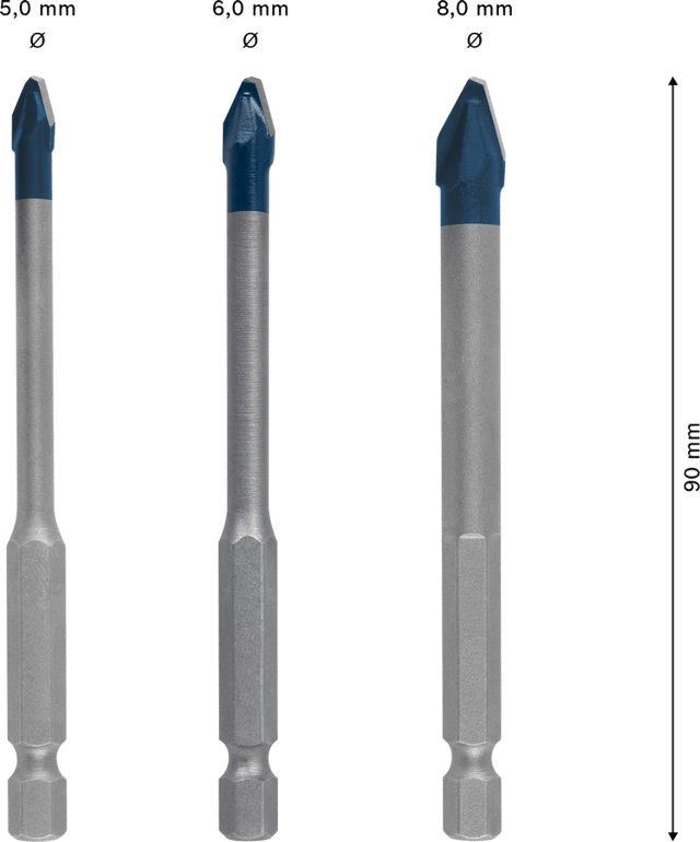 Lot de 3 forets carrelage, Diam. 5-6-8 mm, BOSCH EXPERT HEX-9 HardCeramic