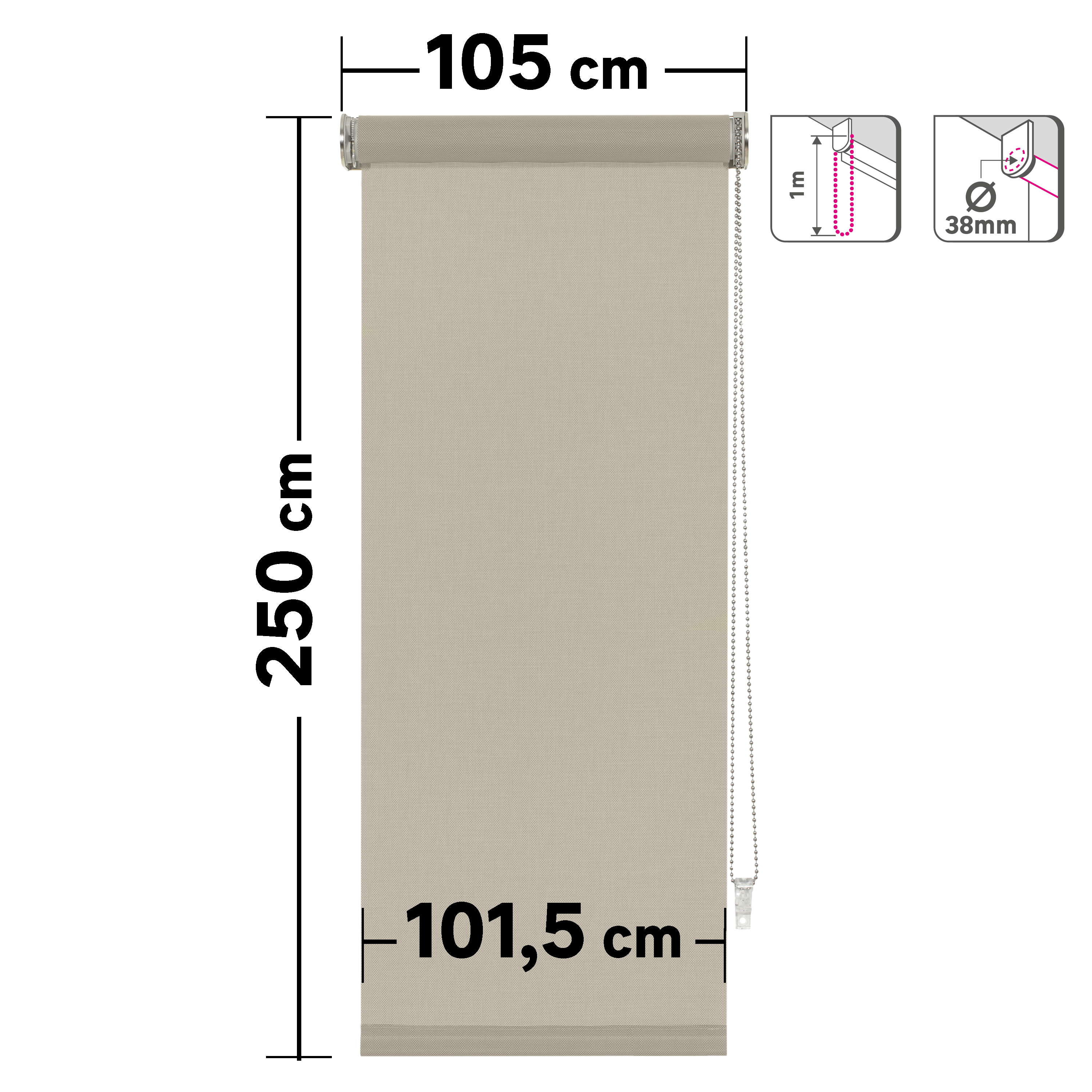 Estor enrollable screen 10% Brasilia de 105x250 poliéster liso pebble INSPIRE con cadena - 2