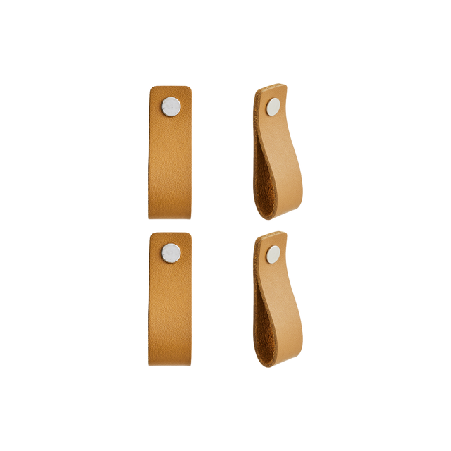 4 boutons de meuble rectangulaires Zack, cuir marron clair peint, l.20 mm