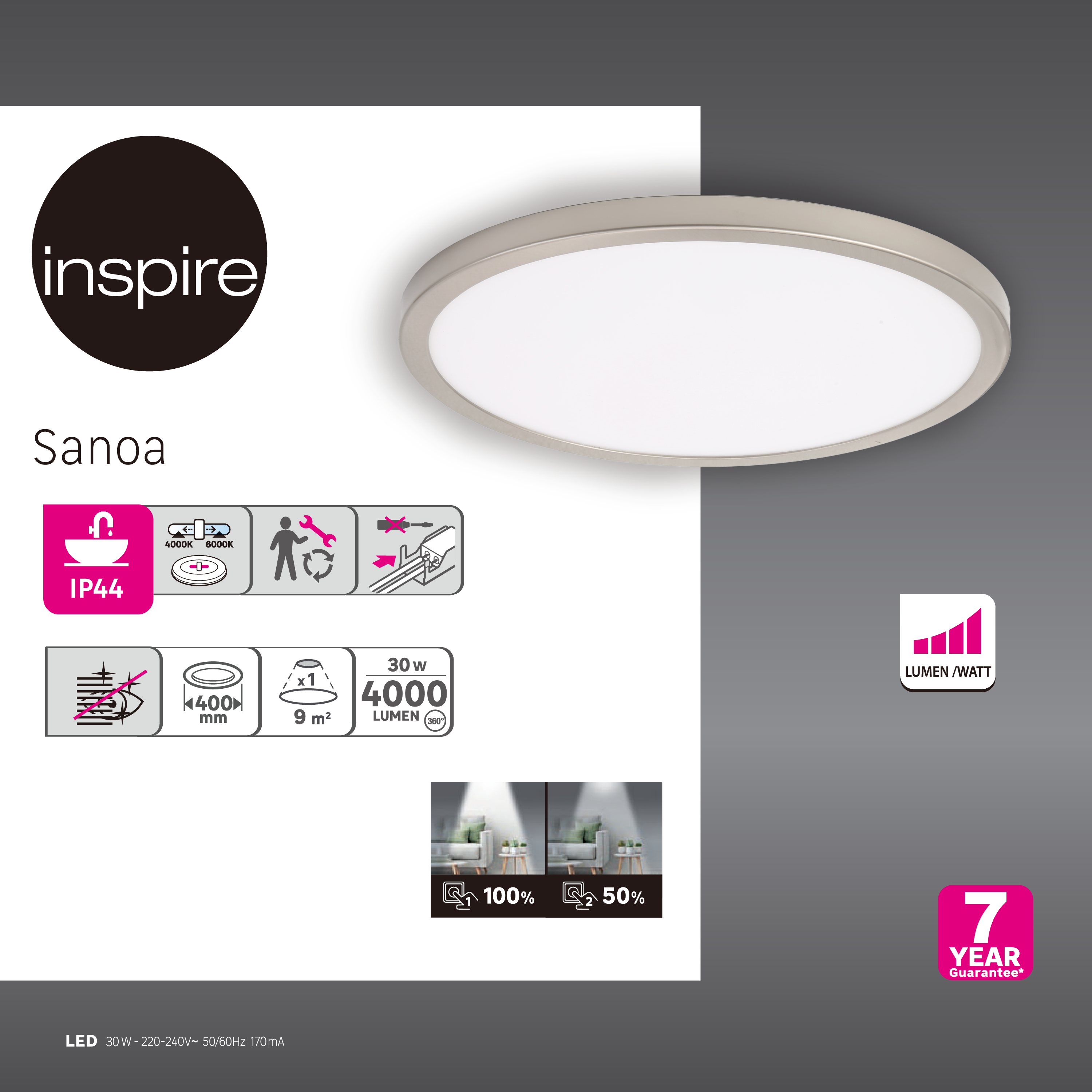 Downlight LED de superficie INSPIRE dorado redondo ø40 cm 4000 lm 30 W luz CCT 4000K-6000KK IP44 - Foco LED de superficie para baños - 4
