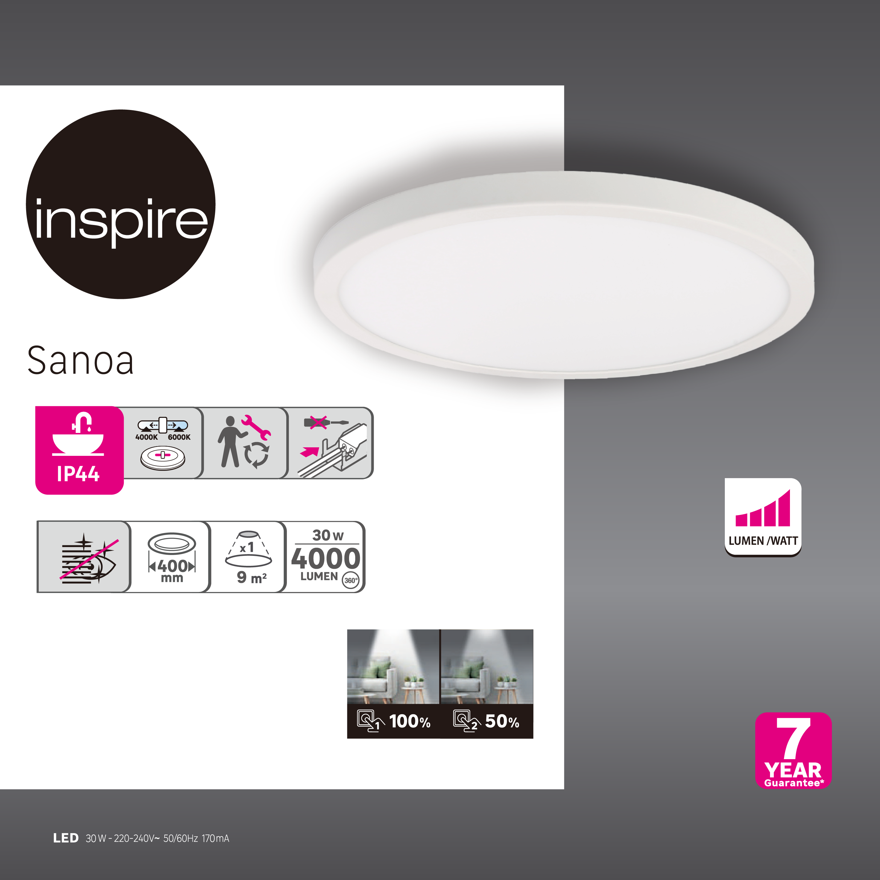 Downlight LED de superficie INSPIRE blanco redondo ø40 cm 4000 lm 30 W luz CCT 4000K-6000KK IP44 - Foco LED de superficie para baños - 6