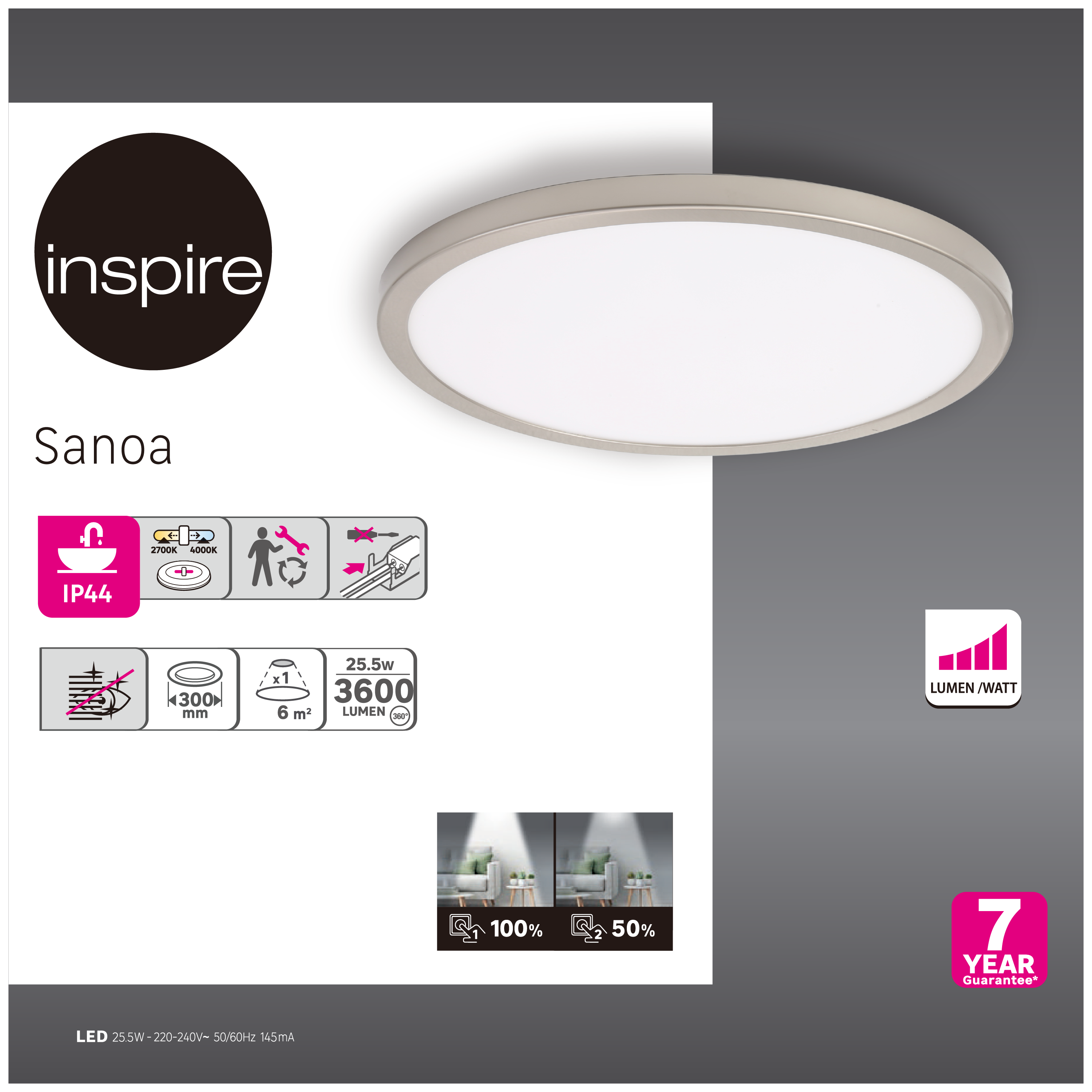 Downlight LED de superficie INSPIRE SANOA dorado redondo ø30 cm 3600 lm 25.5 W luz CCT 2700K-4000KK CRI 89-80 luz natural y fiel IP44 - Foco LED de superficie para baños - 5