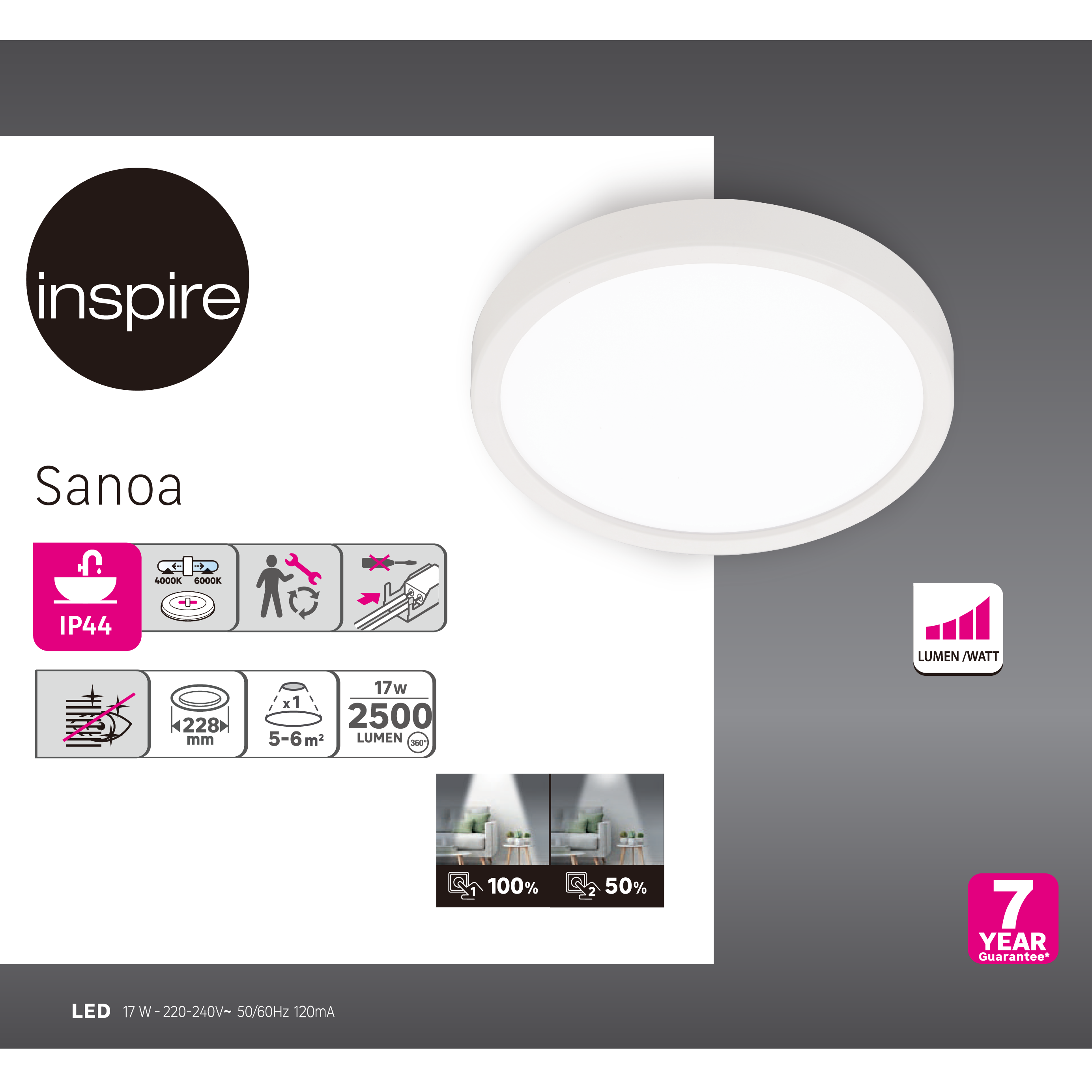 Foco de encastrar INSPIRE SANOA LED REDONDO 2500LM/6000K - 8