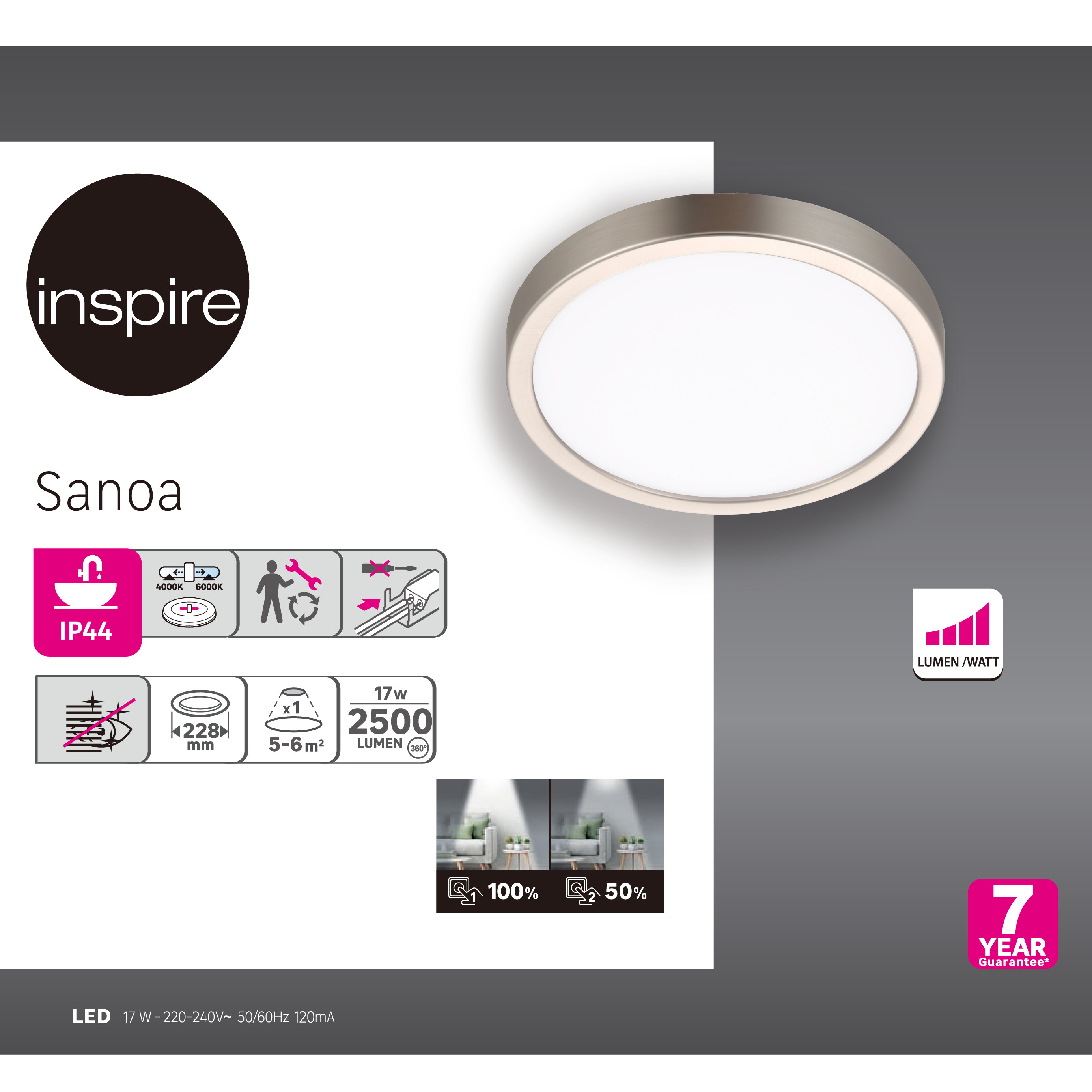 Downlight LED de superficie INSPIRE SANOA dorado redondo ø22.5 cm 2500 lm 17 W luz CCT 4000K-6000KK IP44 - Foco LED de superficie para baños - 5