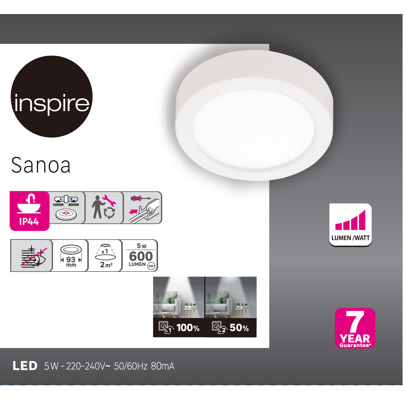 Downlight LED de superficie INSPIRE SANOA blanco redondo ø9.3 cm 600 lm 5 W luz CCT 4000K-6000KK IP44 - Foco LED de superficie para baños - 6