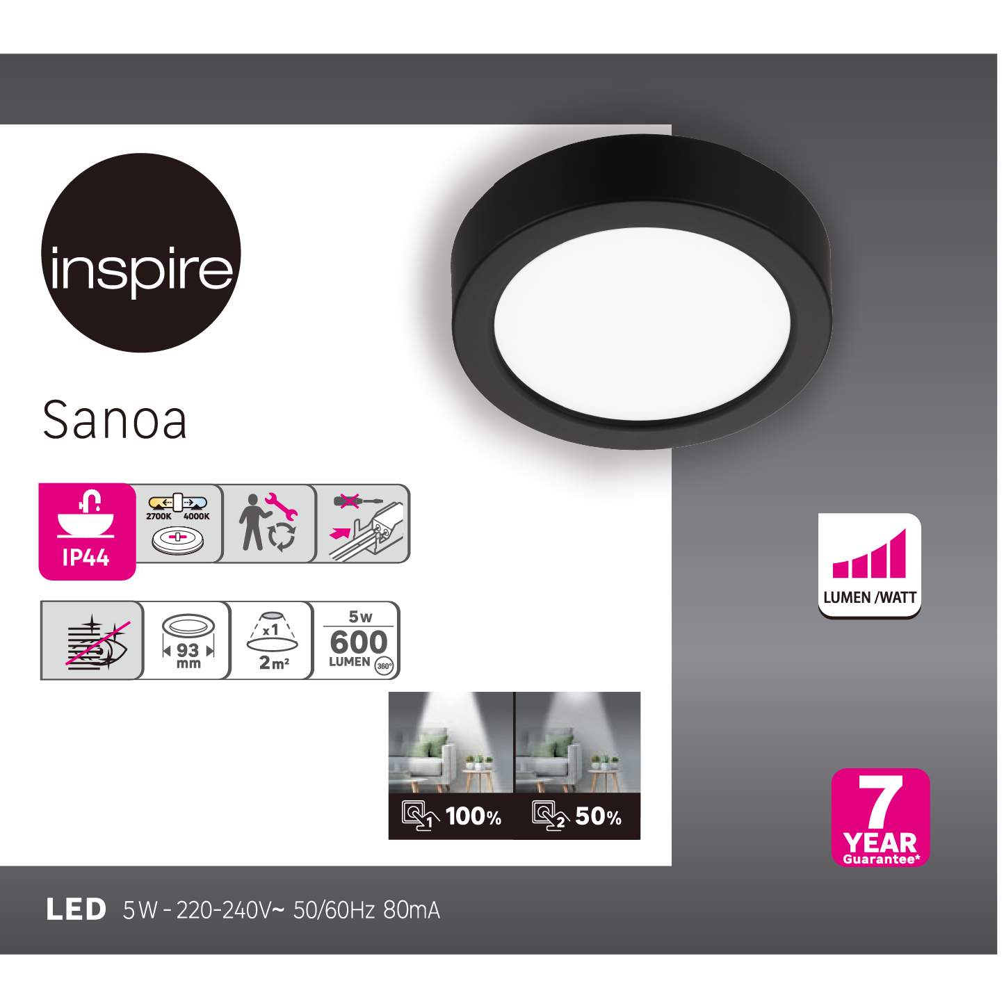 Kit 1 spot à fixer Sanoa module led blanc chaud/neutre D8.5 rond noir INSPIRE - 2