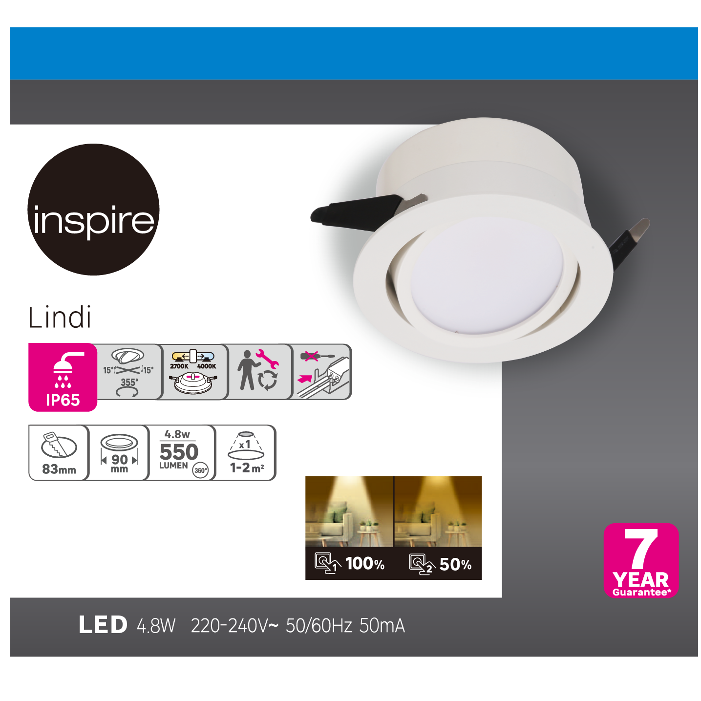 Downlight LED empotrable INSPIRE LINDI blanco redondo ø9 cm 550 lm 4.8 W luz CCT 3000K-4000KK IP65 - Foco LED empotrado para duchas - 8