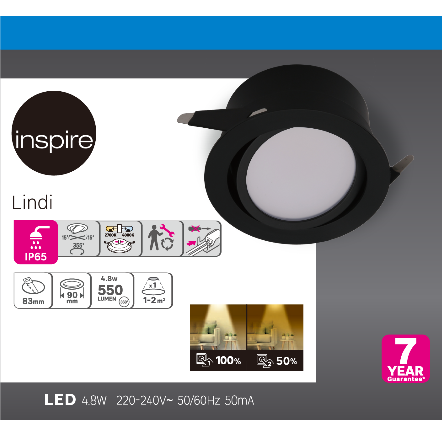 Spot LED encastré salle de bain Lindi IP65, blanc chaud/neutre, noir Inspire - 3