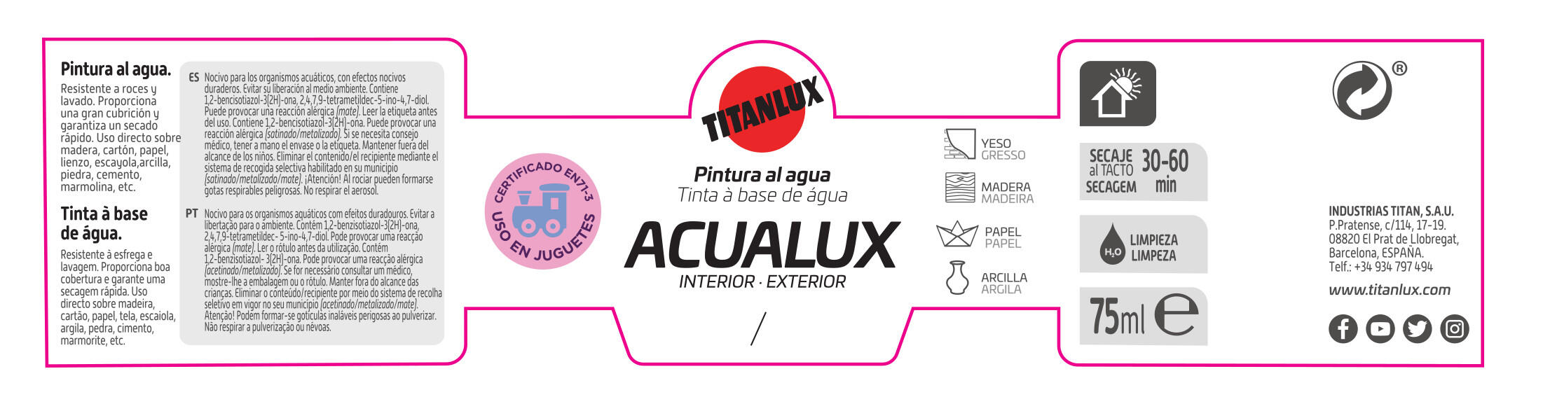 Pintura decorativa efecto liso ACUALUX TITANLUX color blanco mate 75ml acabado mate - 3