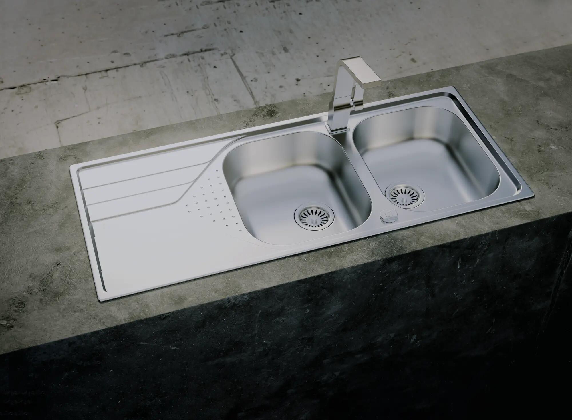 Evier à encastrer 2 bacs avec égouttoir, Inox micro-structuré UNIVERSELLE Gris - 2