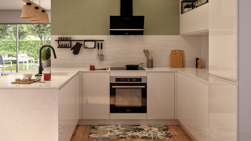 Cocina pequeña blanca: semicolumna de horno micro y secadora