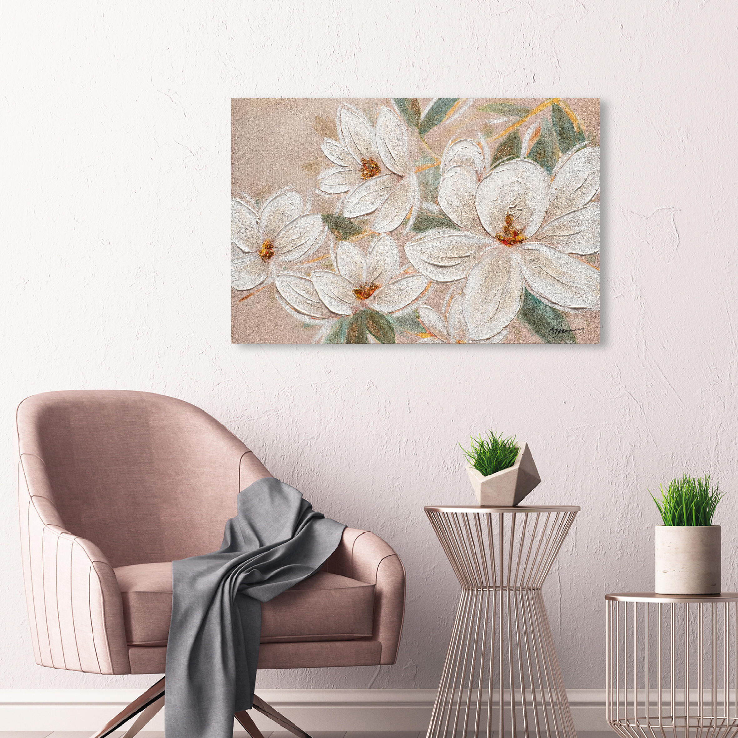 Pintura sin marco botánica rectangular de 90 x 60 cm. loneta nenuphars blanc beige