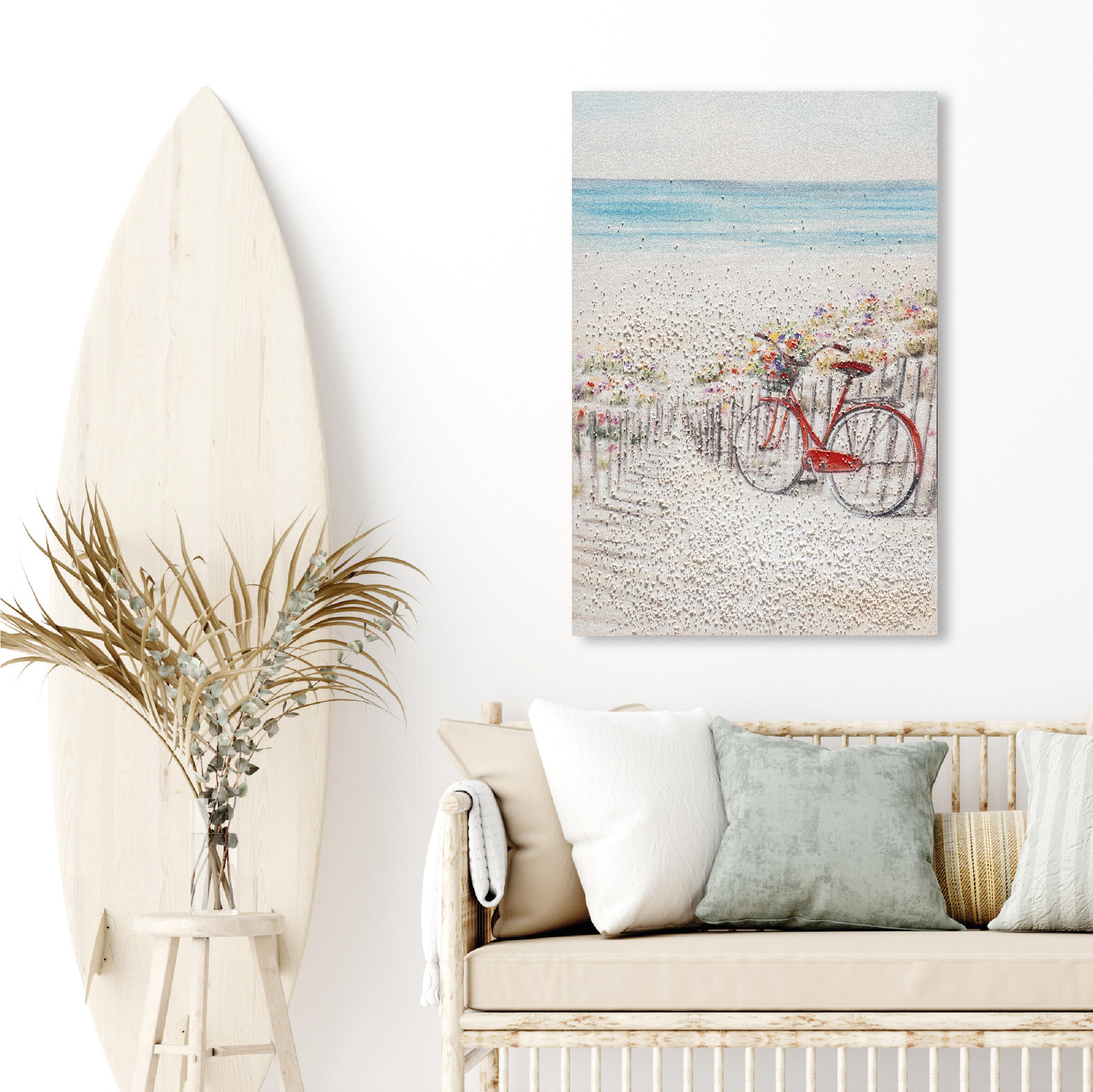 Pintura sin marco naturaleza rectangular de 90 x 60 cm. loneta bicicleta playa blanco