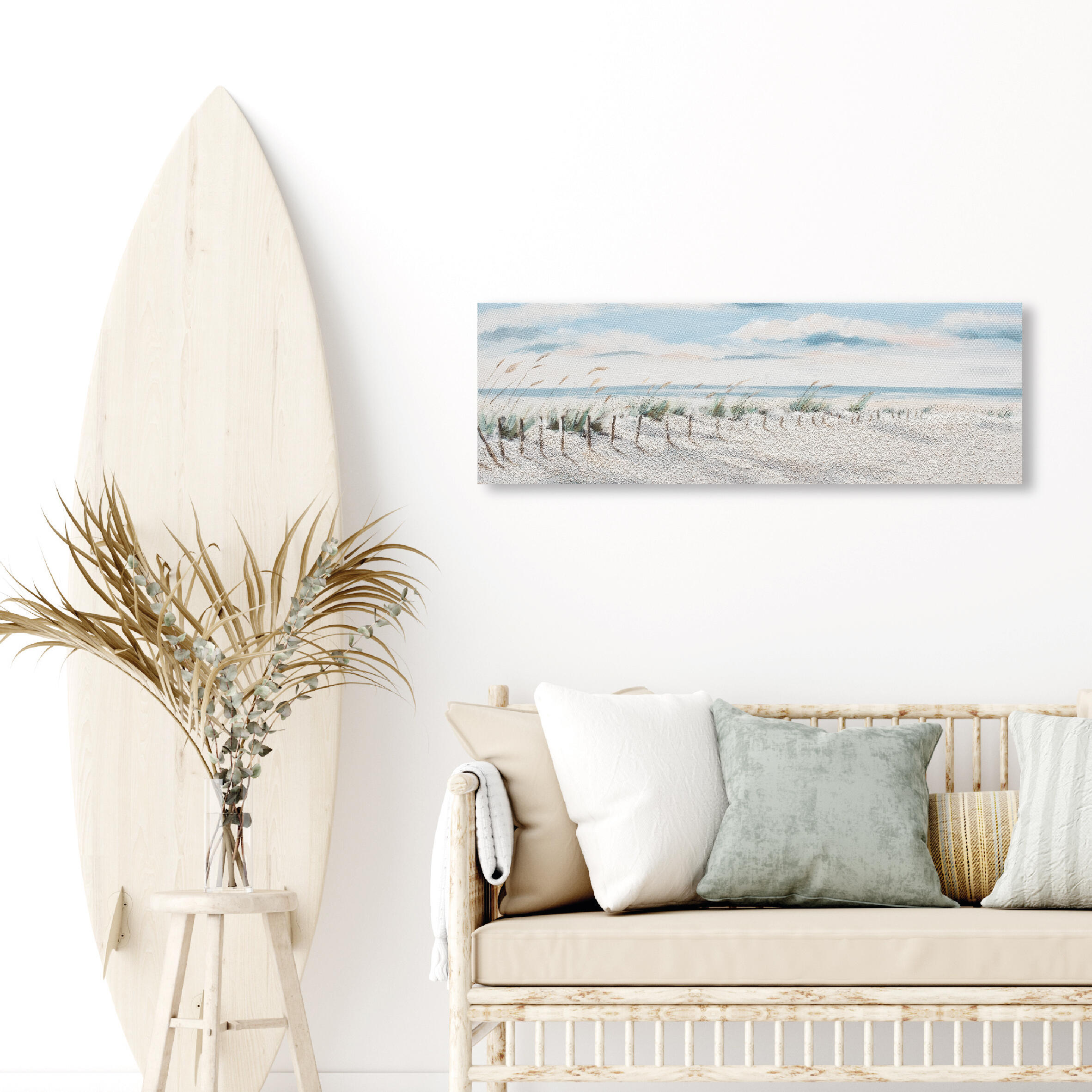 Pintura sin marco mar rectangular de 90 x 30 cm. loneta playa viento blanco