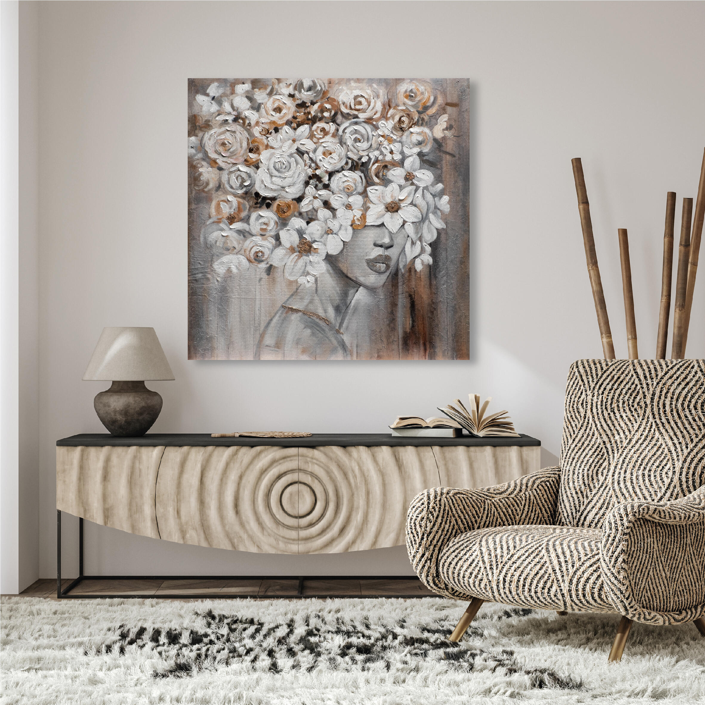 Pintura sin marco botánica cuadrada de 100 x 100 cm. loneta sombrero flor gris y plata