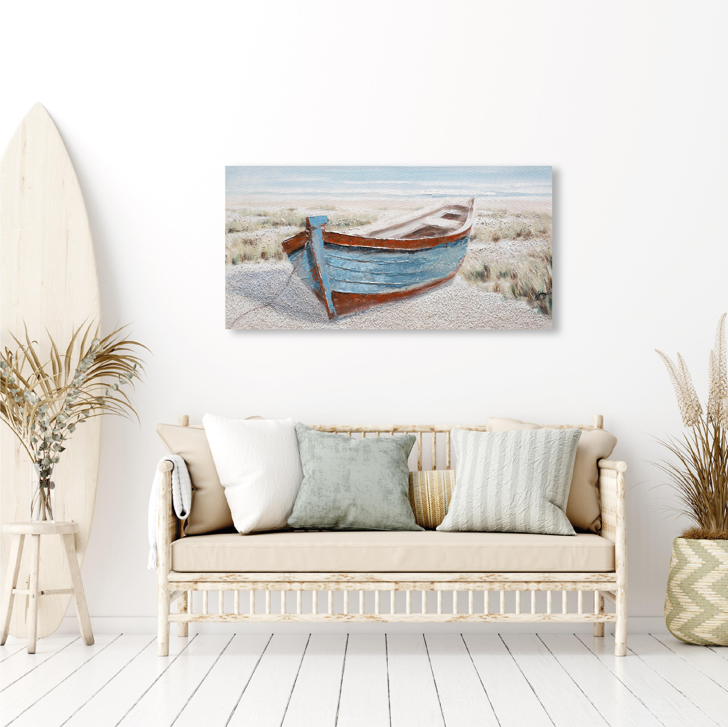 Pintura sin marco mar rectangular de 120 x 60 cm. loneta barco multicolor