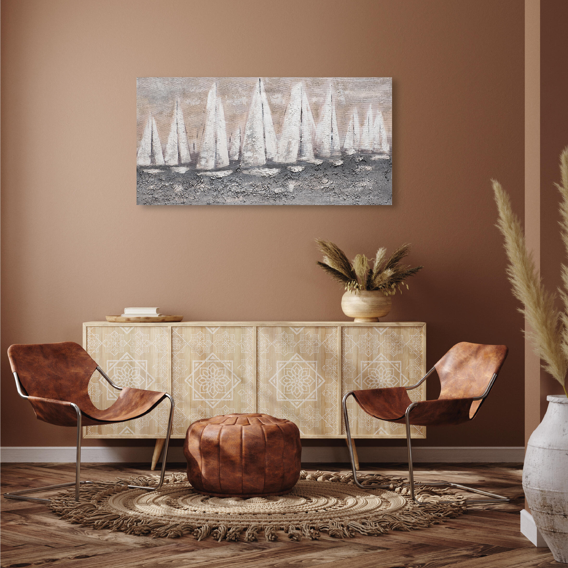 Pintura sin marco mar rectangular de 120 x 60 cm. loneta velas blancas beige