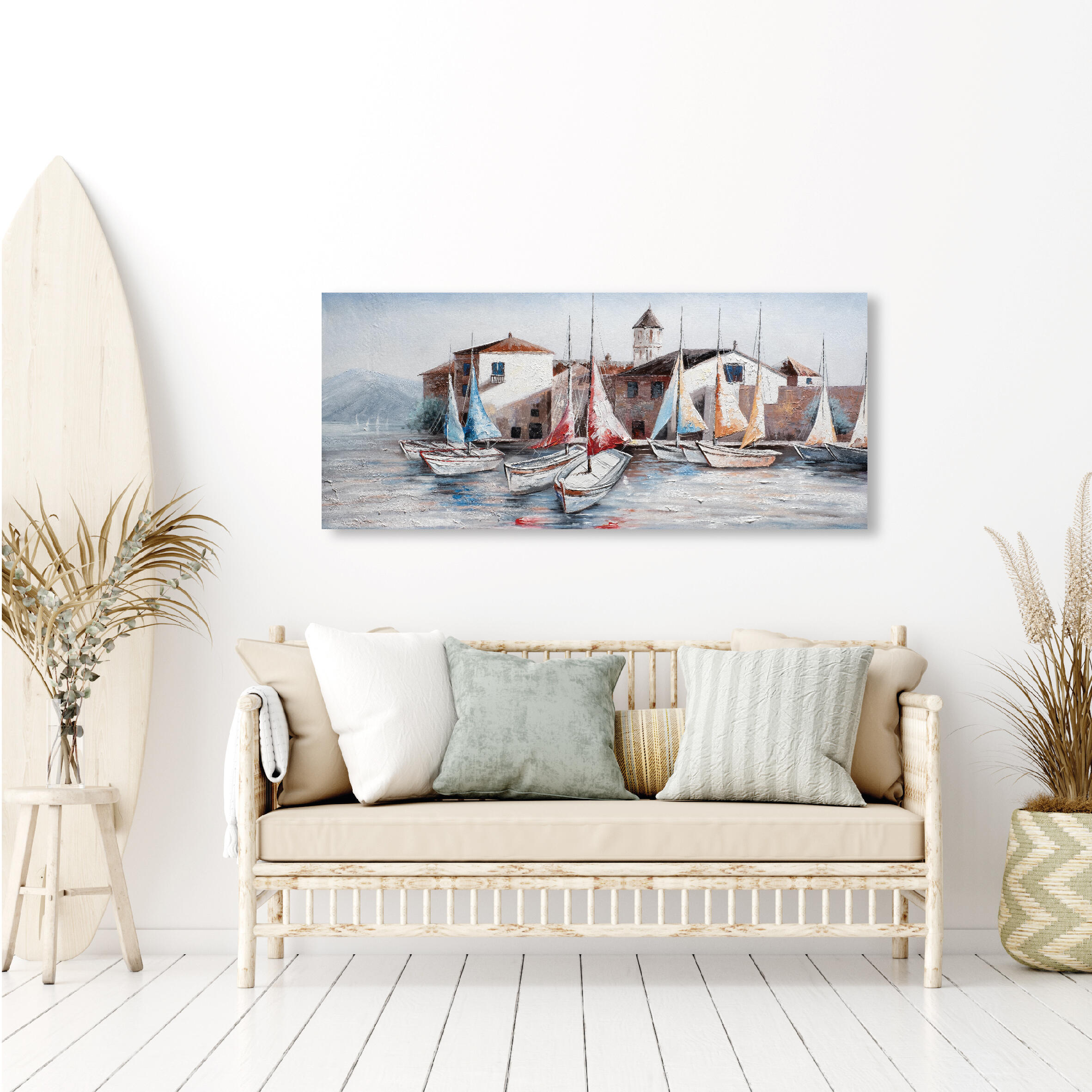 Pintura sin marco mar rectangular de 150 x 65 cm. loneta casa barco vela multicolor