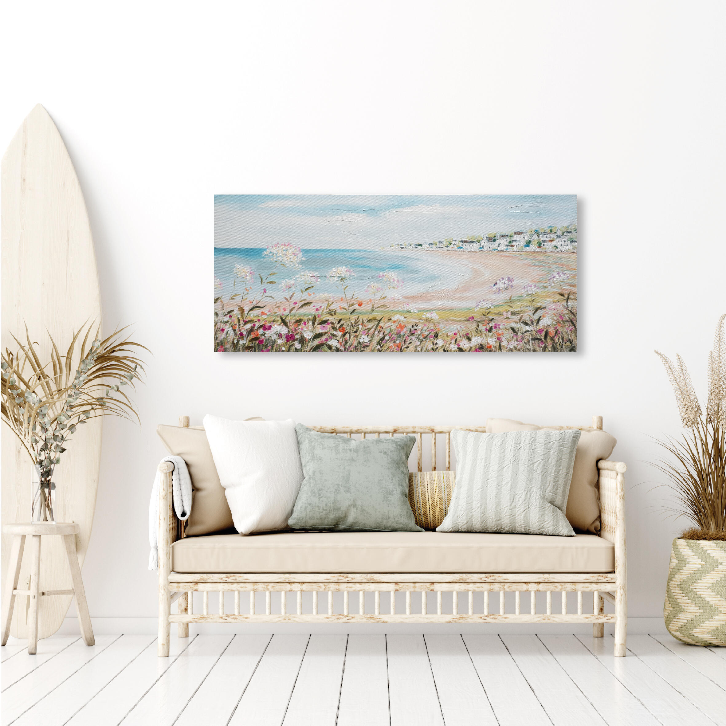 Pintura original sin marco bahía flores 65 x 150 cm