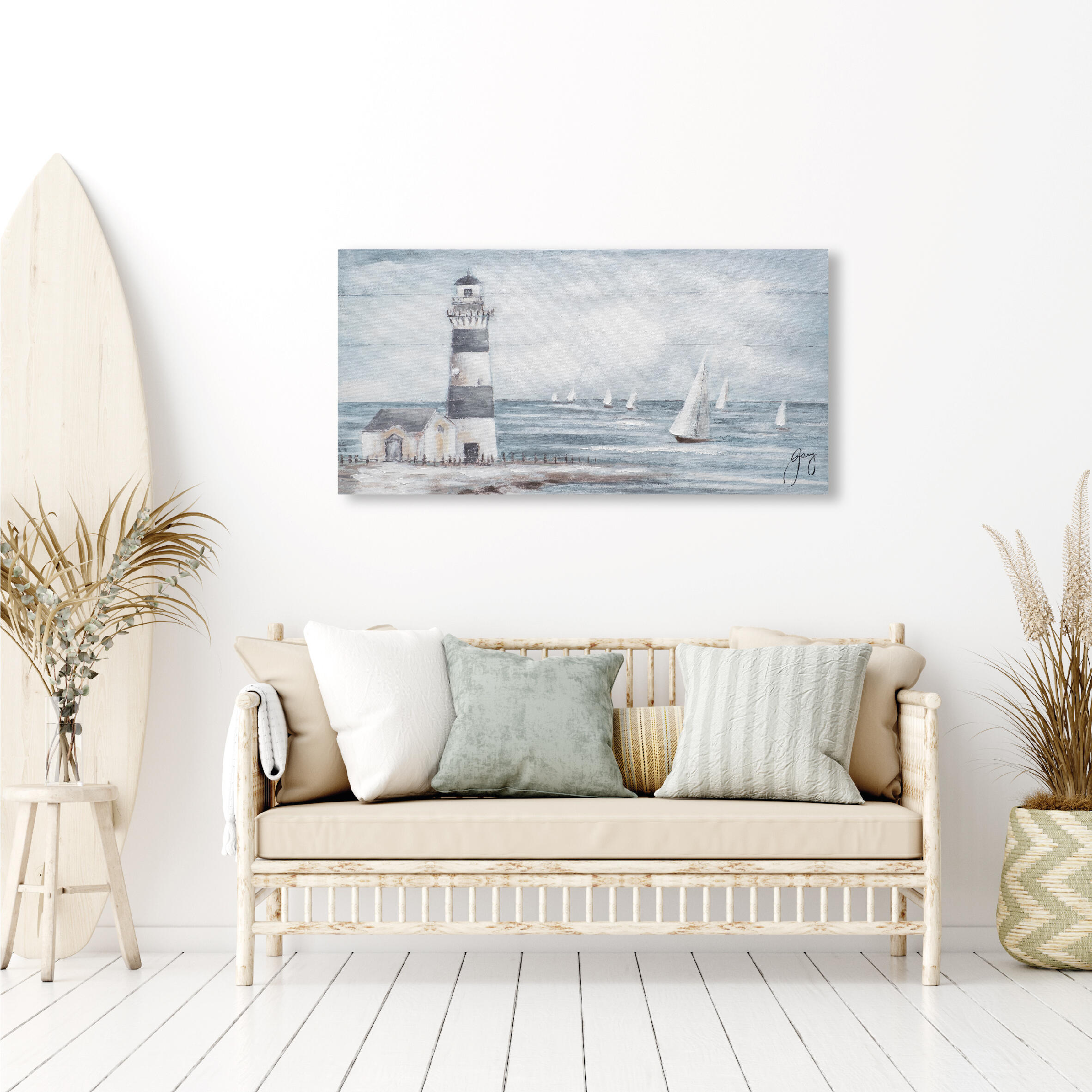 Pintura sin marco mar rectangular de 120 x 60 cm. loneta faro velas azul