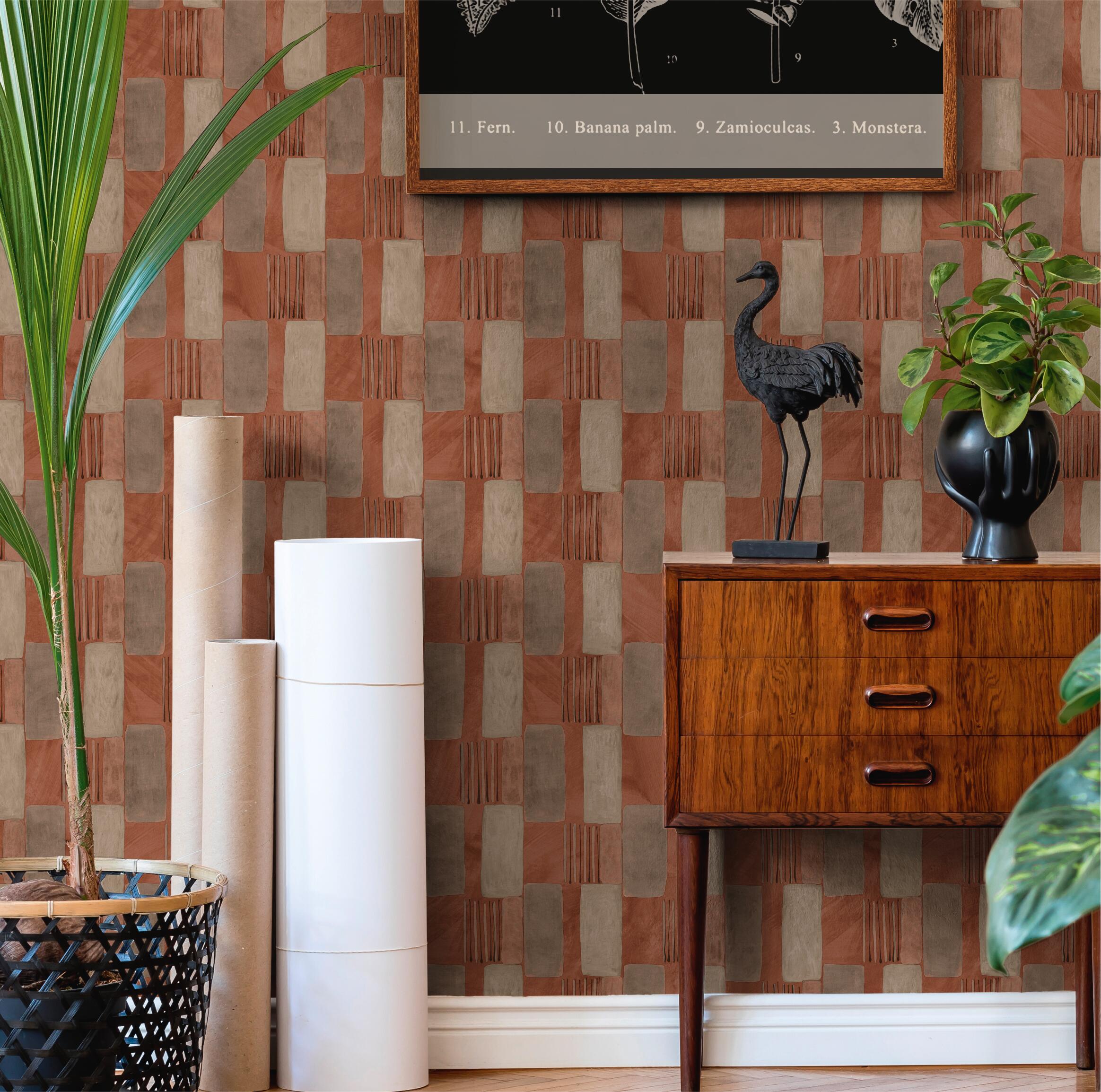 Papel pintado vinilo aplicación cola en pared geométrico rojo lutece 53cmx10m