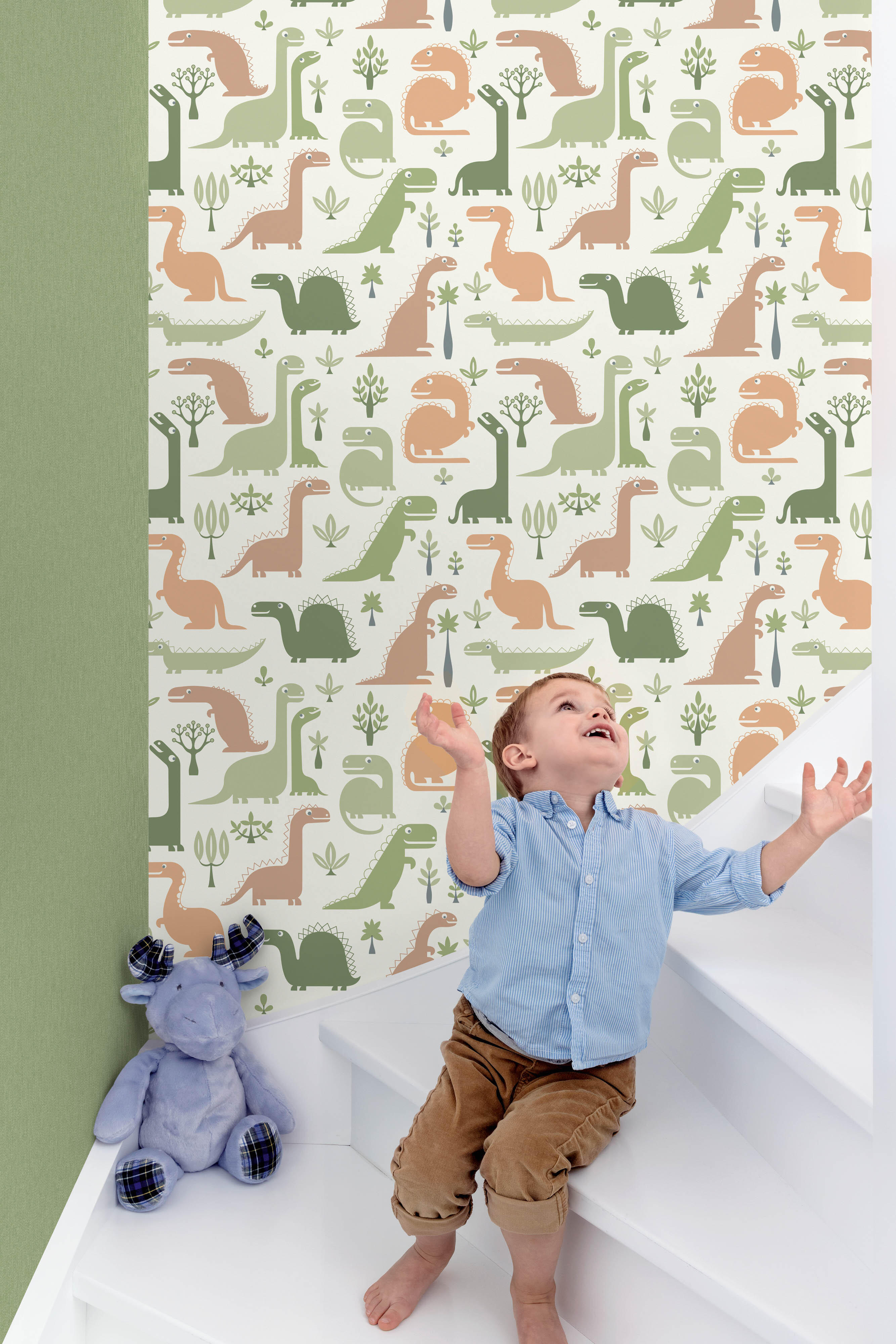 Papel pintado vinilo infantil dinosaurios multicolor