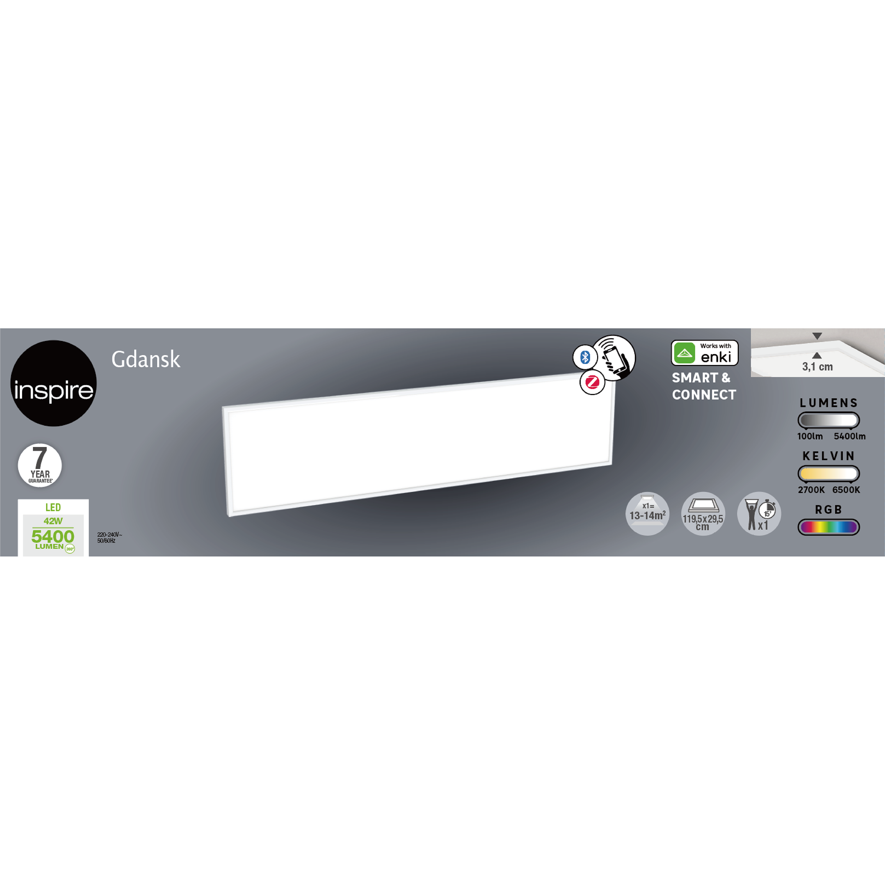 Pannello LED smart Enki bianco 29.5x120 cm  con 3 temperature di colore 5400 LUMEN, INSPIRE - 5