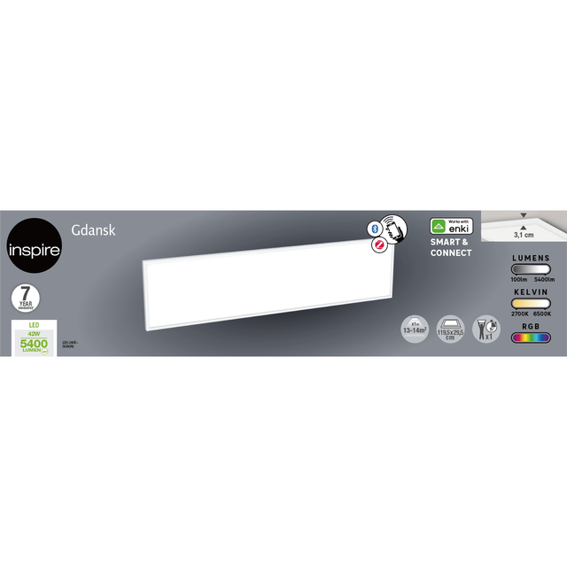 Panneau LED connecté Gdansk ENKI 119,5x29,5 cm couleurs et blancs, blanc INSPIRE