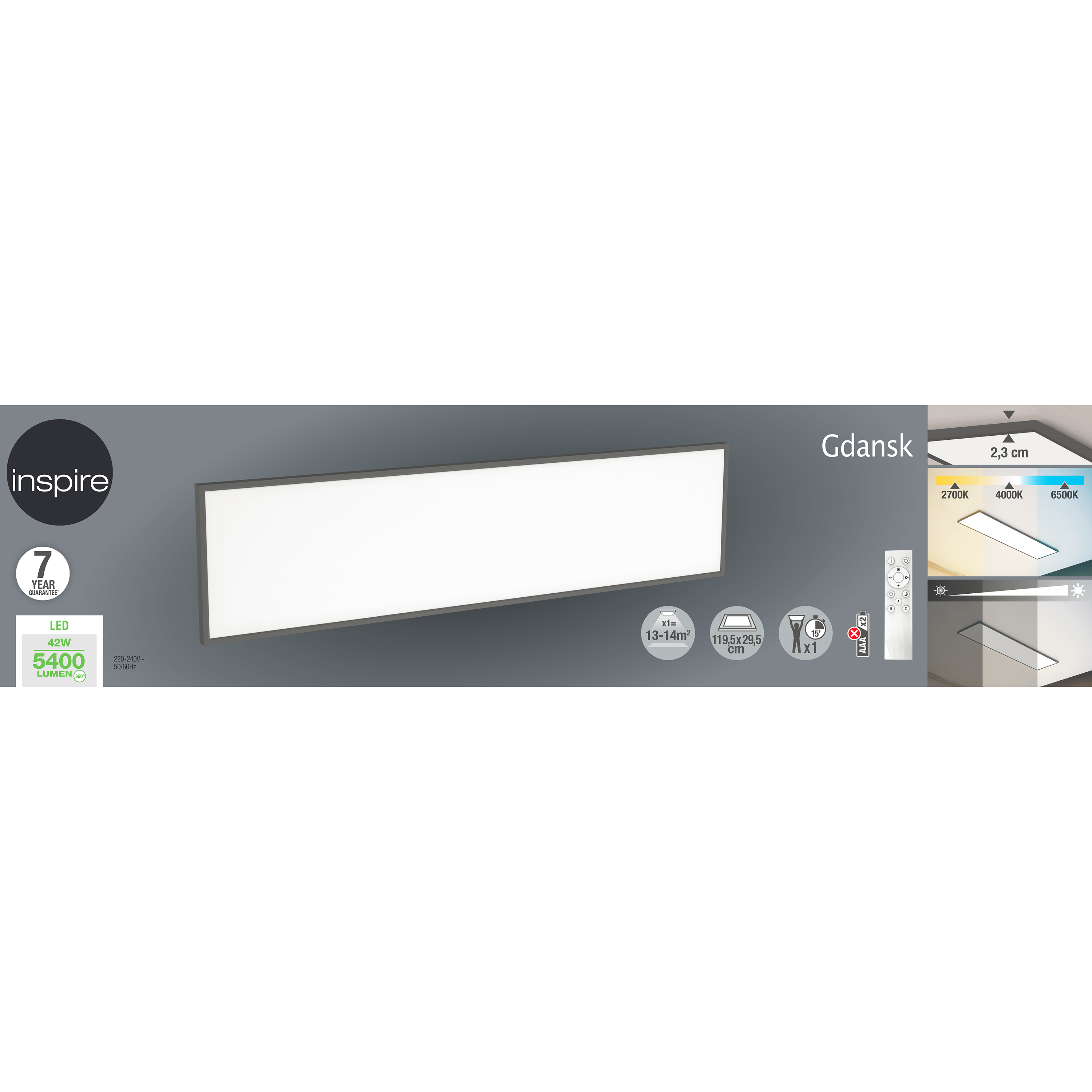 Panneau LED Gdansk 119,5 x 29,5 cm variation blancs et intensité, noir INSPIRE - 9