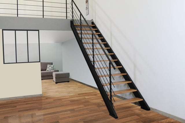 Escaliers droit alu noir LIMA, 13 marches bois lamellé collé, 2.75M, hêtre verni
