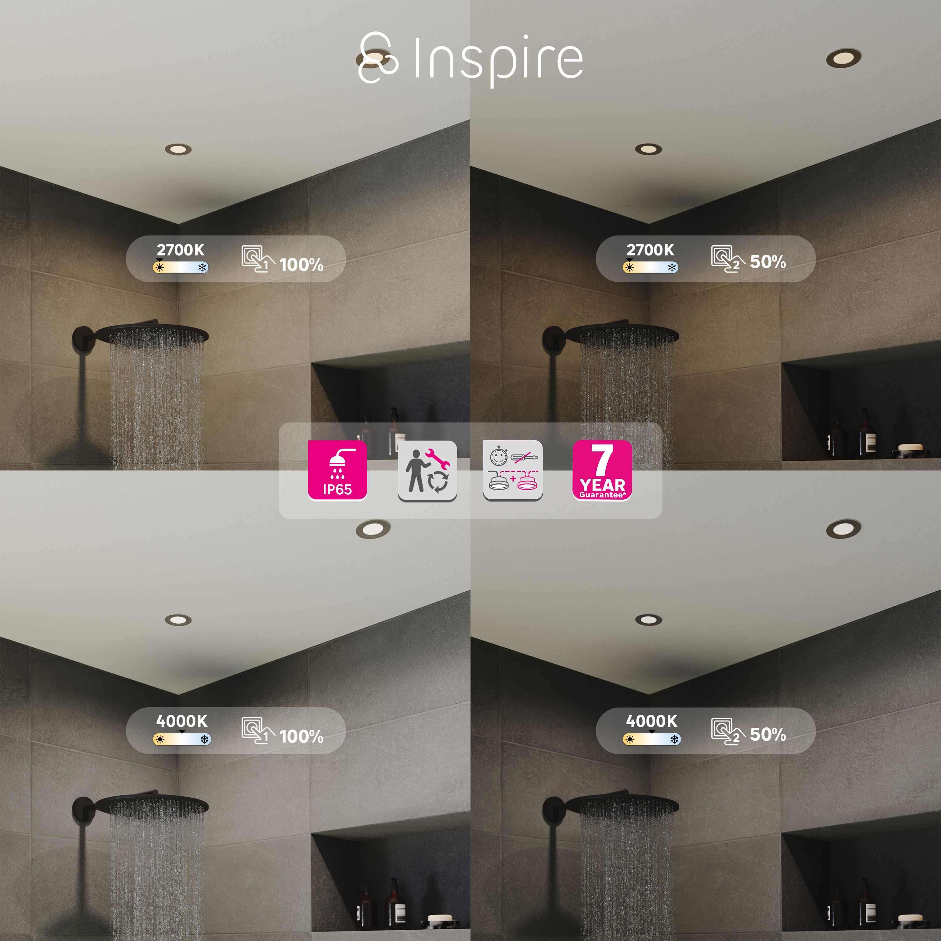 3 spots LED encastré salle de bain Kilia IP65, blanc chaud/neutre, blanc Inspire - 2