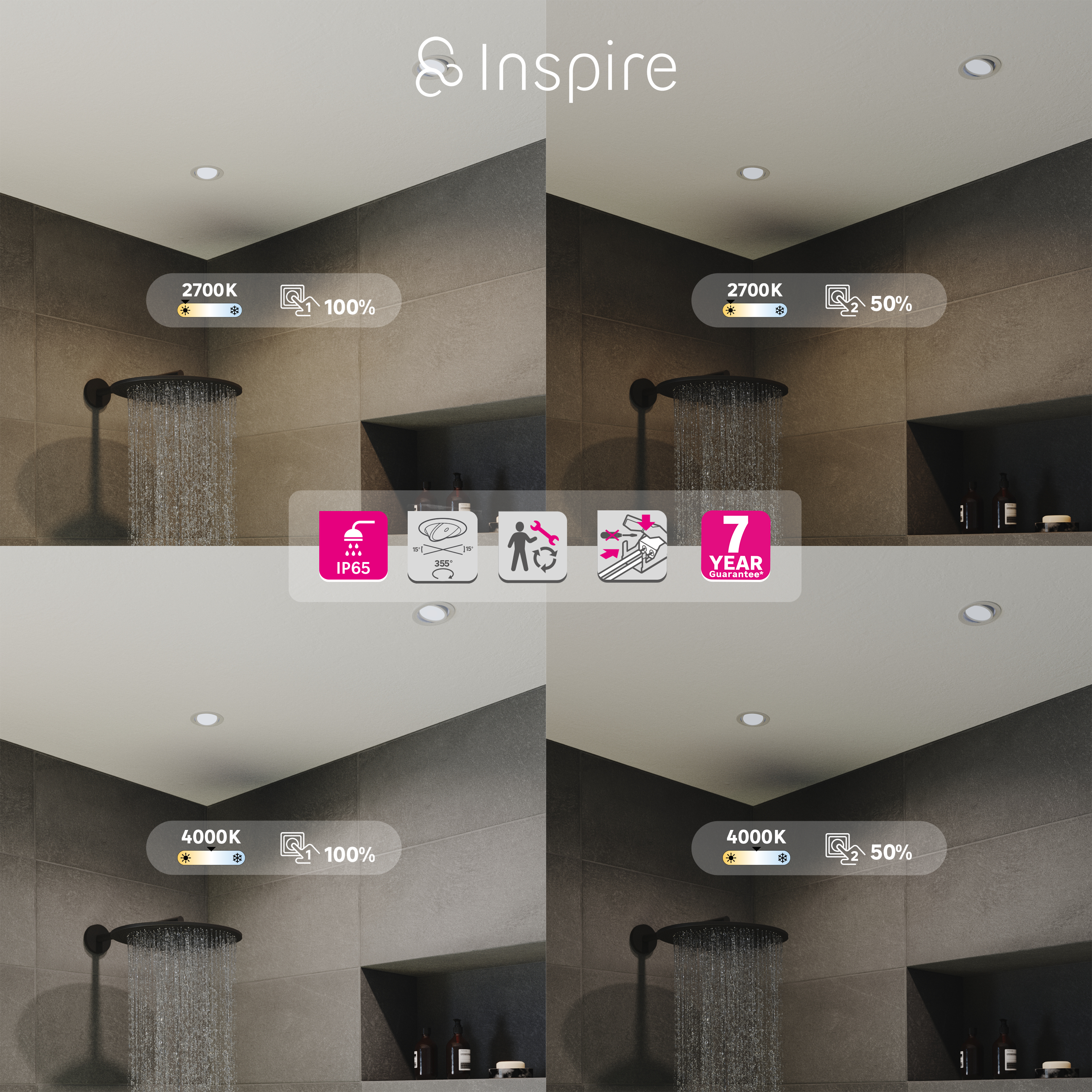 Spot LED encastré salle de bain Lindi IP65, blanc chaud/neutre, noir Inspire - 2