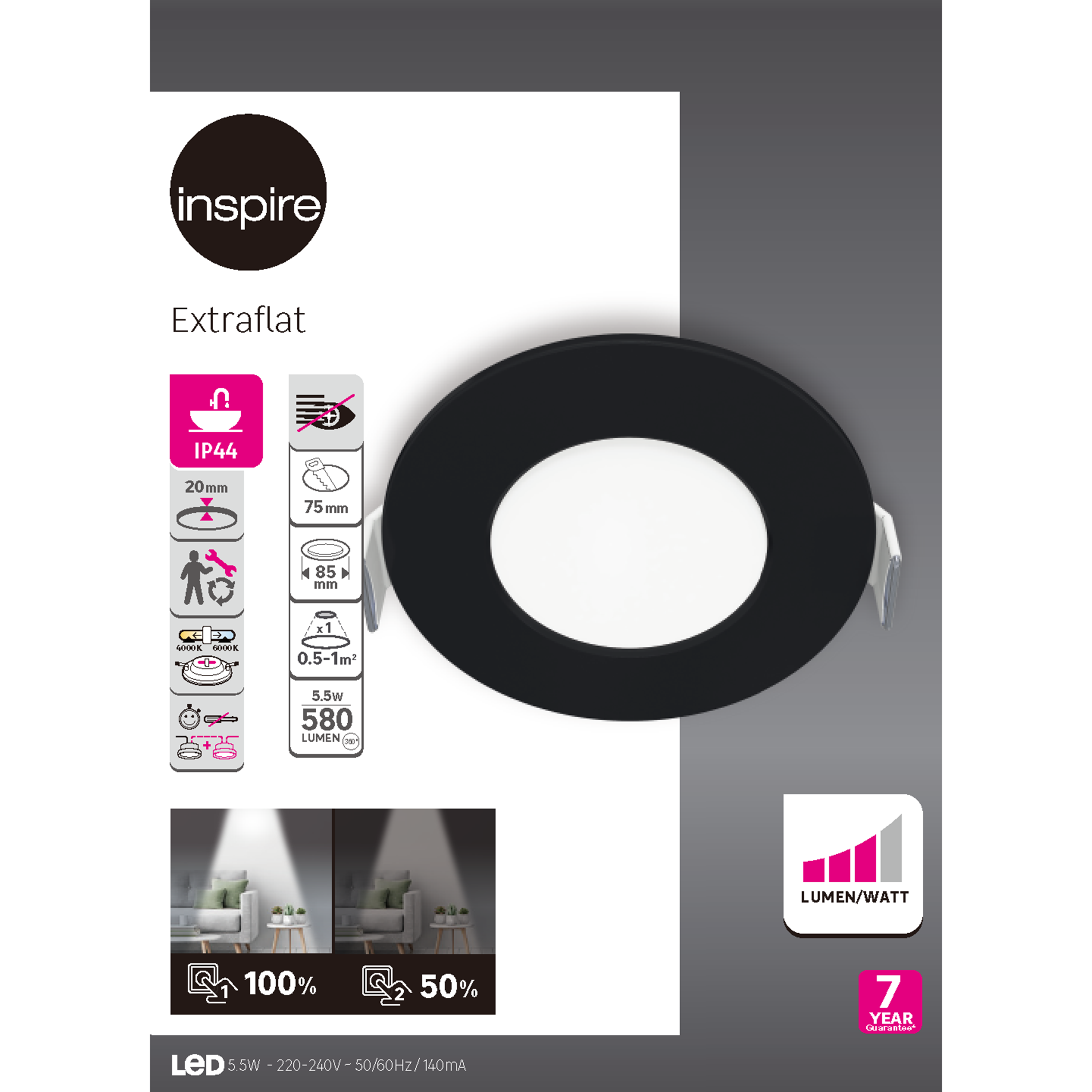 Foco de encastrar LED redondo 580lm 8.5mm preto Inspire Extraflat - 8