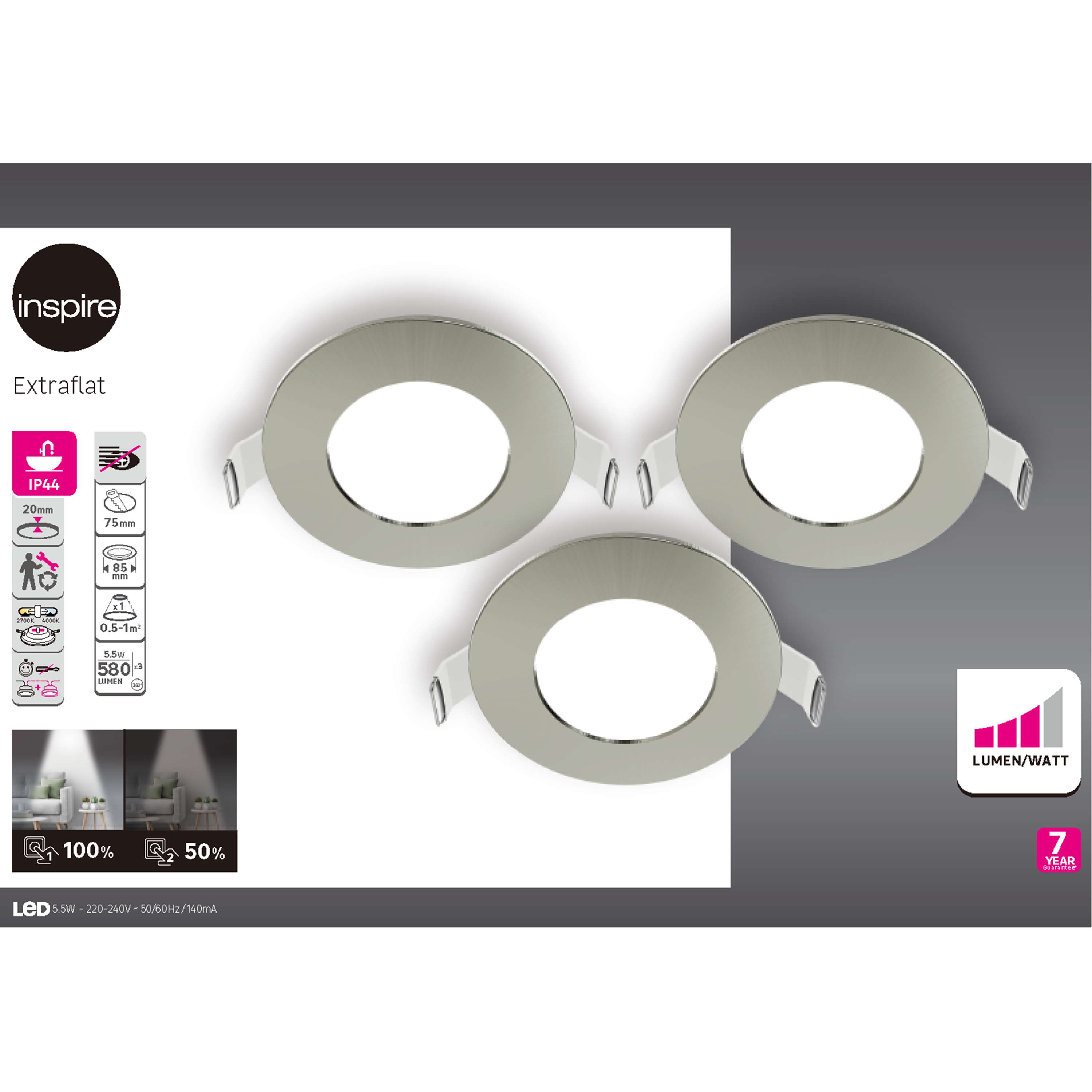 Set 3 pezzi faretto da incasso LED con fonte luminosa fisso Extraflat argento ø 8 cm CCT da bianco caldo a bianco freddo INSPIRE - 2