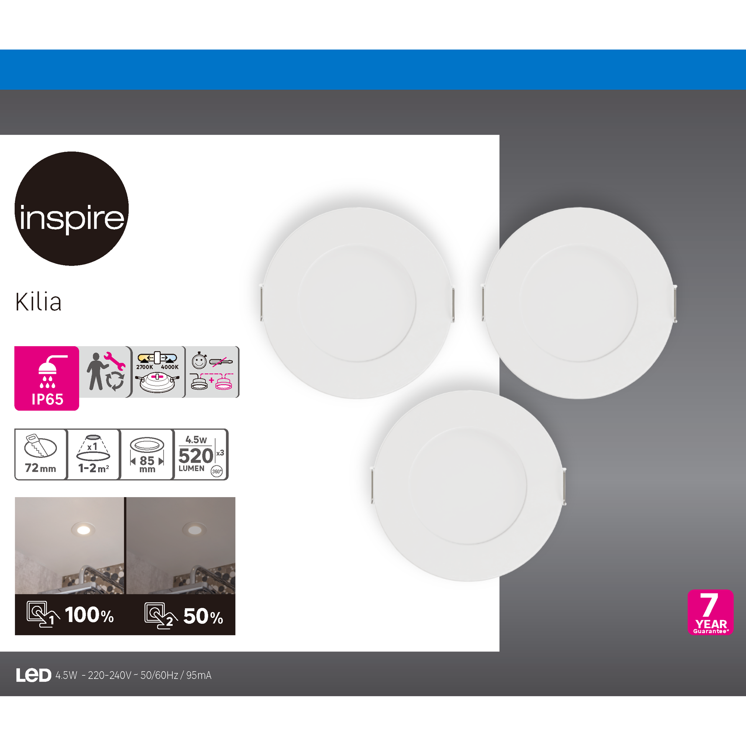 3 spots LED encastré salle de bain Kilia IP65, blanc chaud/neutre, blanc Inspire - 3