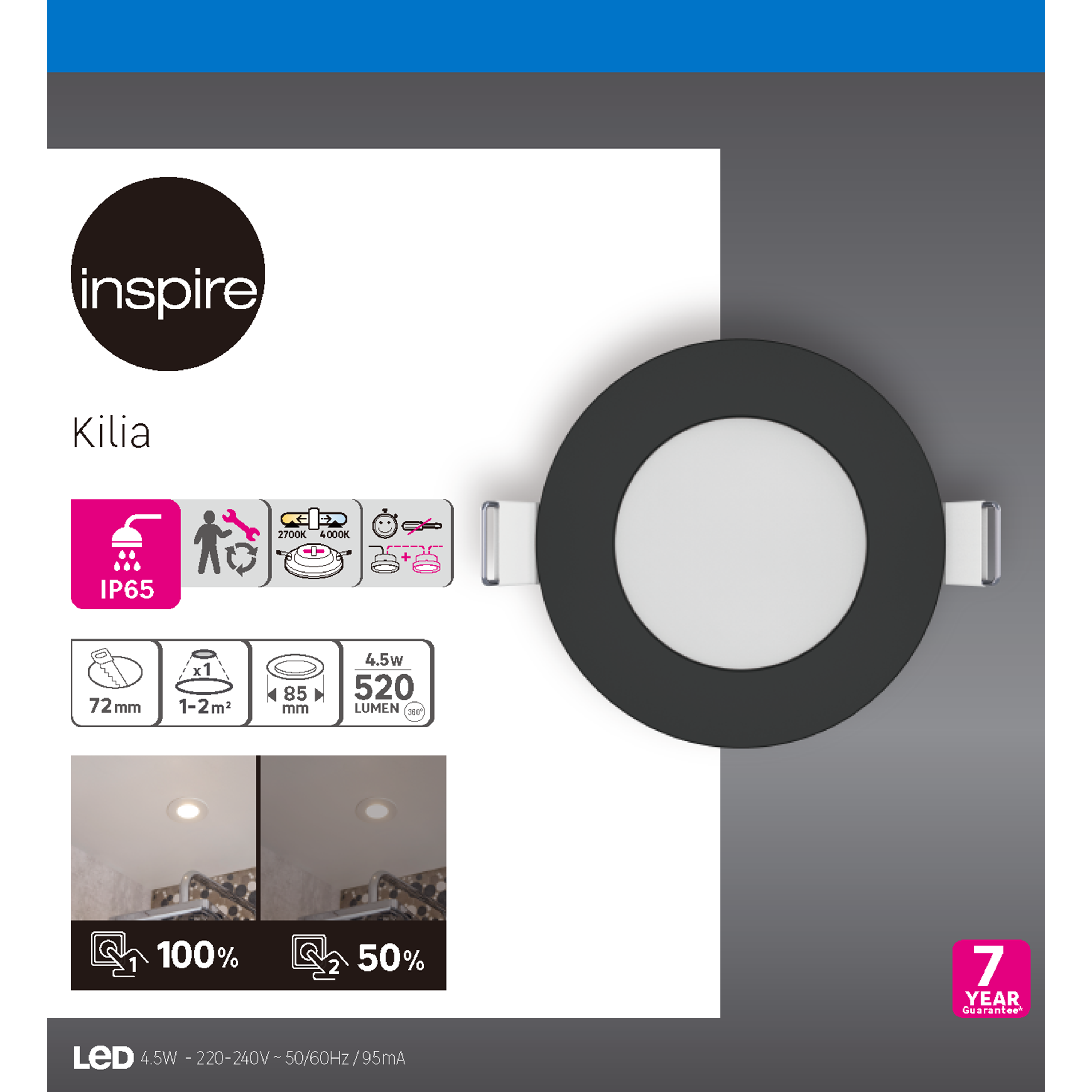 Spot LED encastré salle de bain Kilia IP65 blanc chaud/neutre rond noir Inspire - 3
