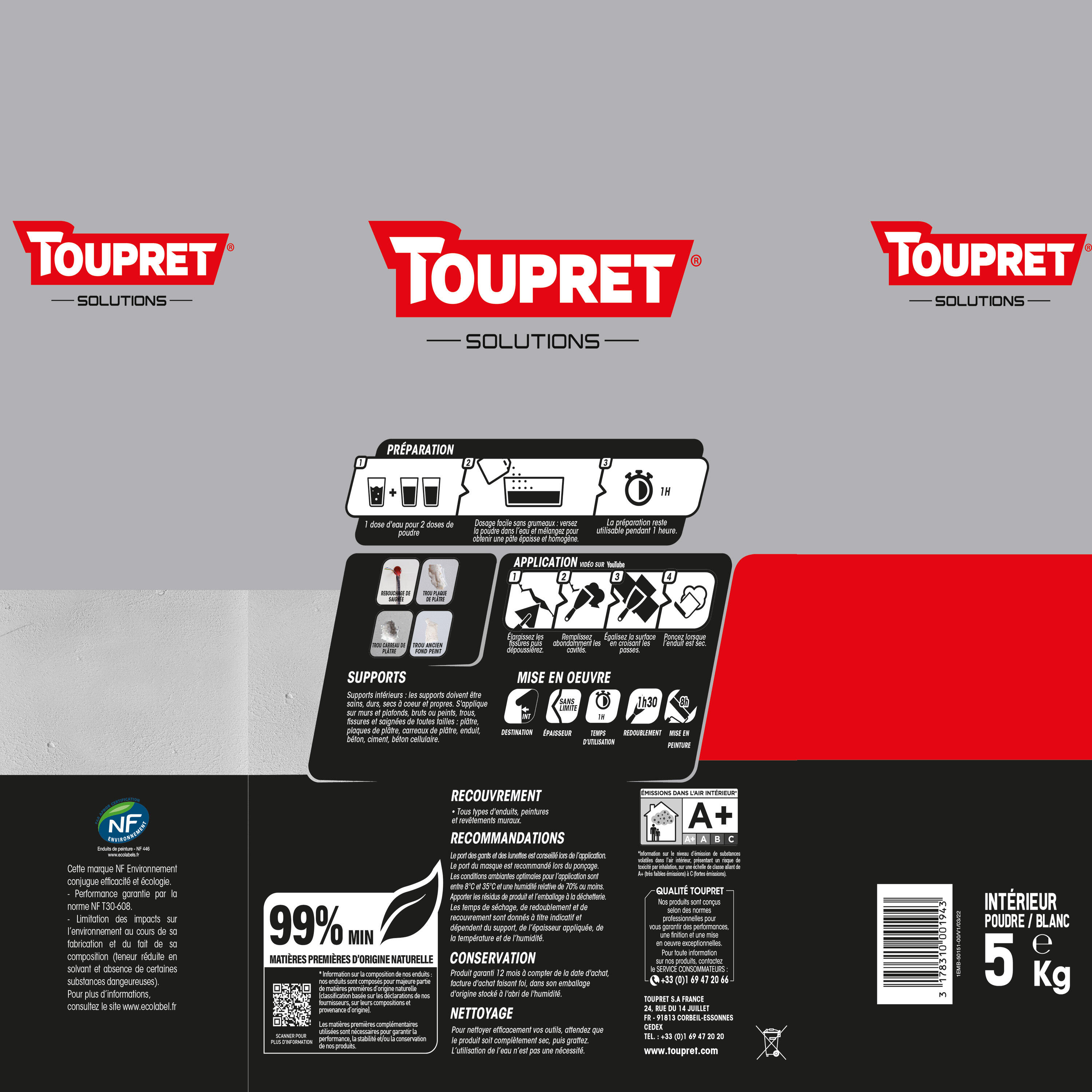 Enduit de rebouchage en poudre Extra rebouch TOUPRET blanc 5 kg - 5