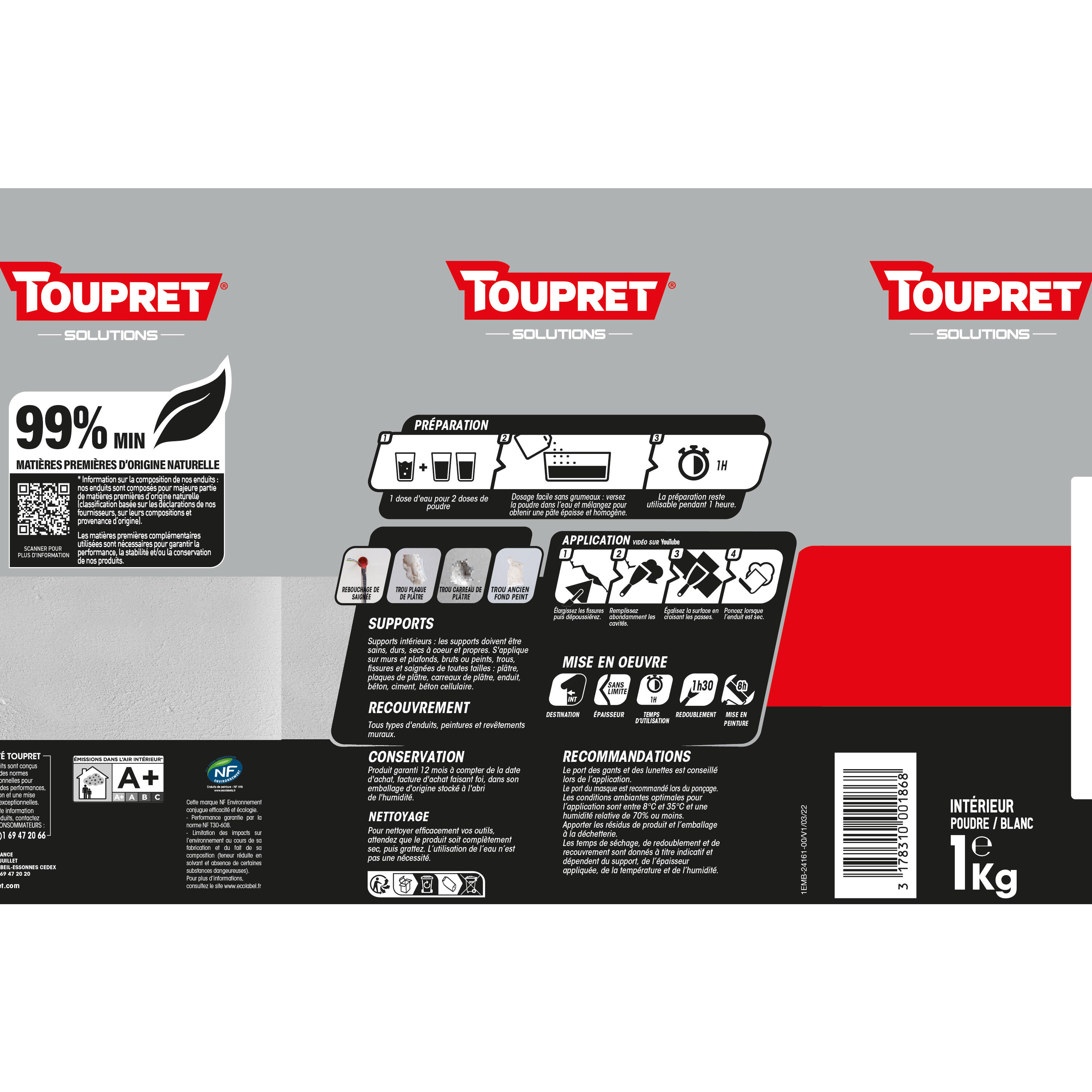 Enduit de rebouchage en poudre Extra rebouch TOUPRET blanc 1 kg - 5