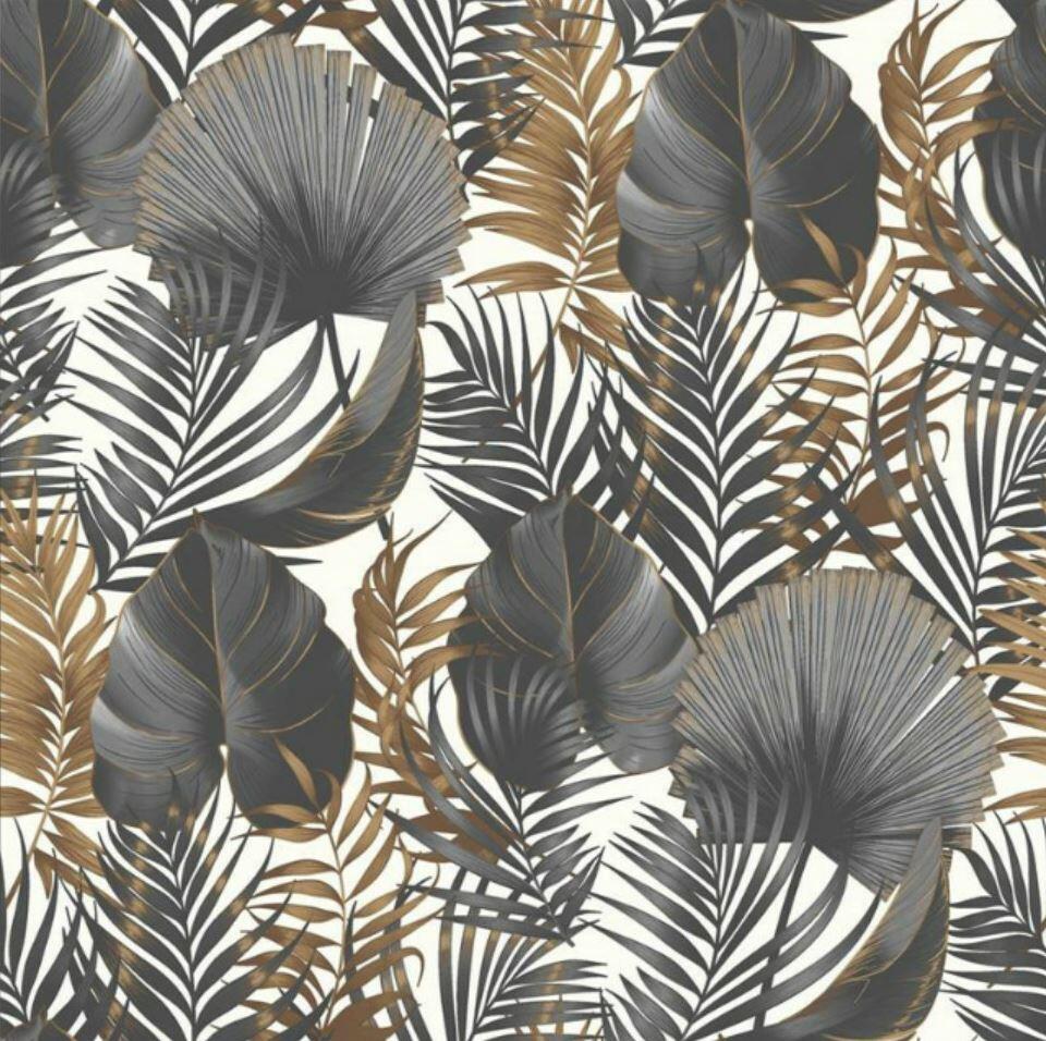 Papier peint intissé Tropical blanc, noir et or - 2