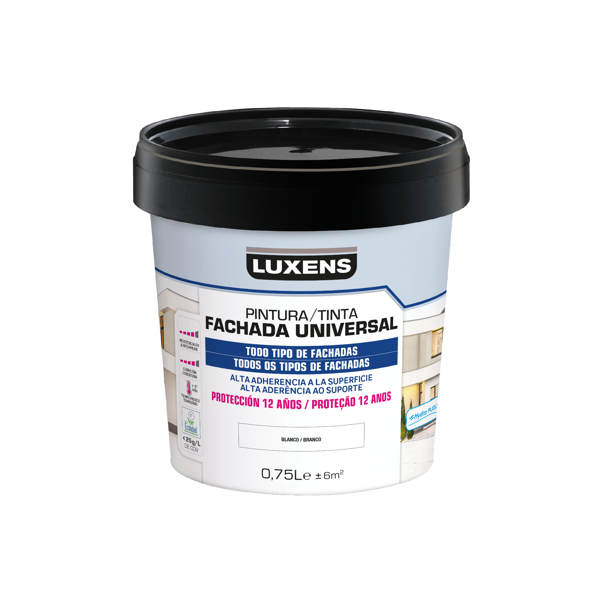 Pintura exterior color blanco para hormigón, revestimiento, ladrillo, fachada luxens mate 750ml base agua microporosa