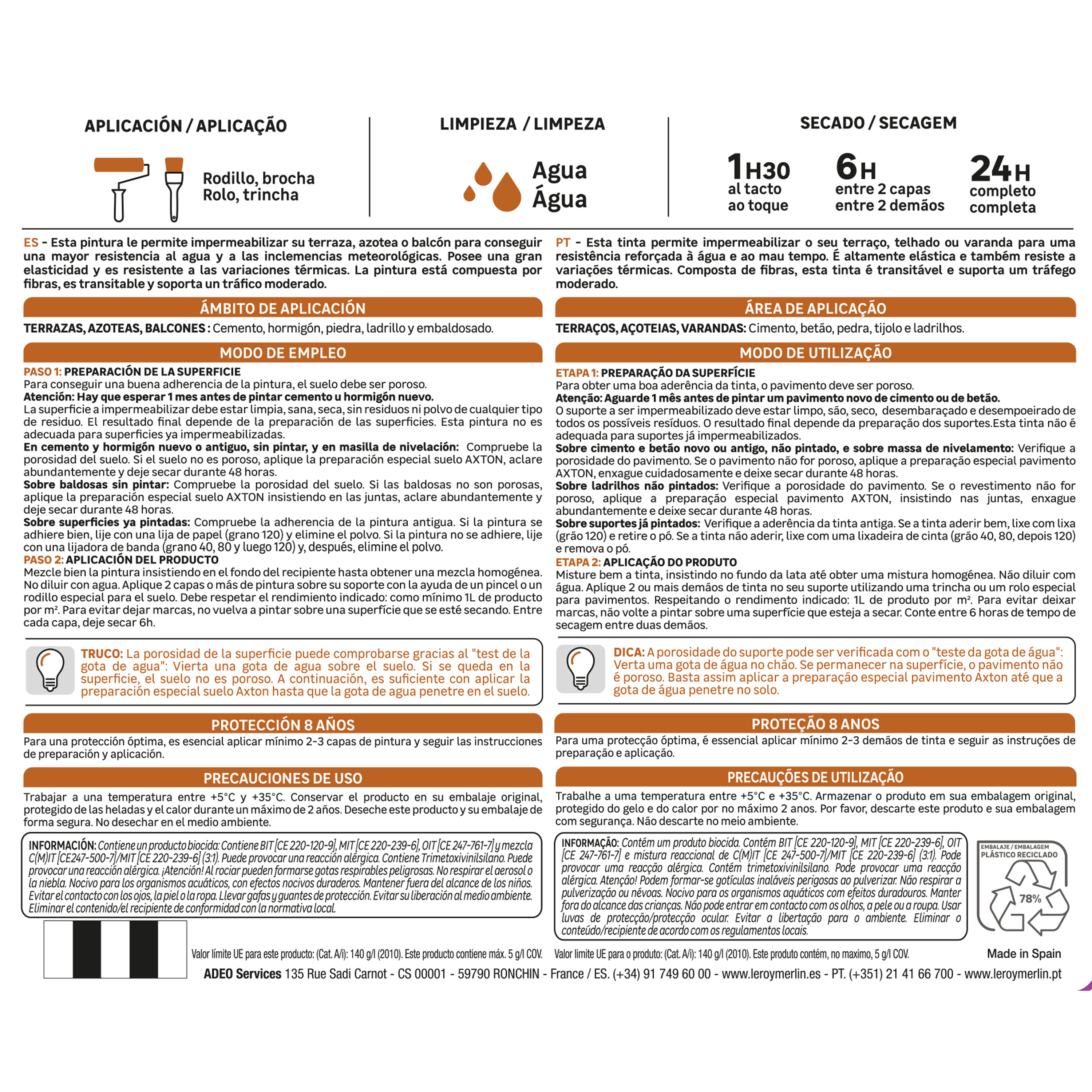 Pintura impermeabilizante exterior AXTON color blanco para fachadas, tejados, terrazas de hormigón, piedra 4L. Acrílico. Protege y decora el tejado. - 4