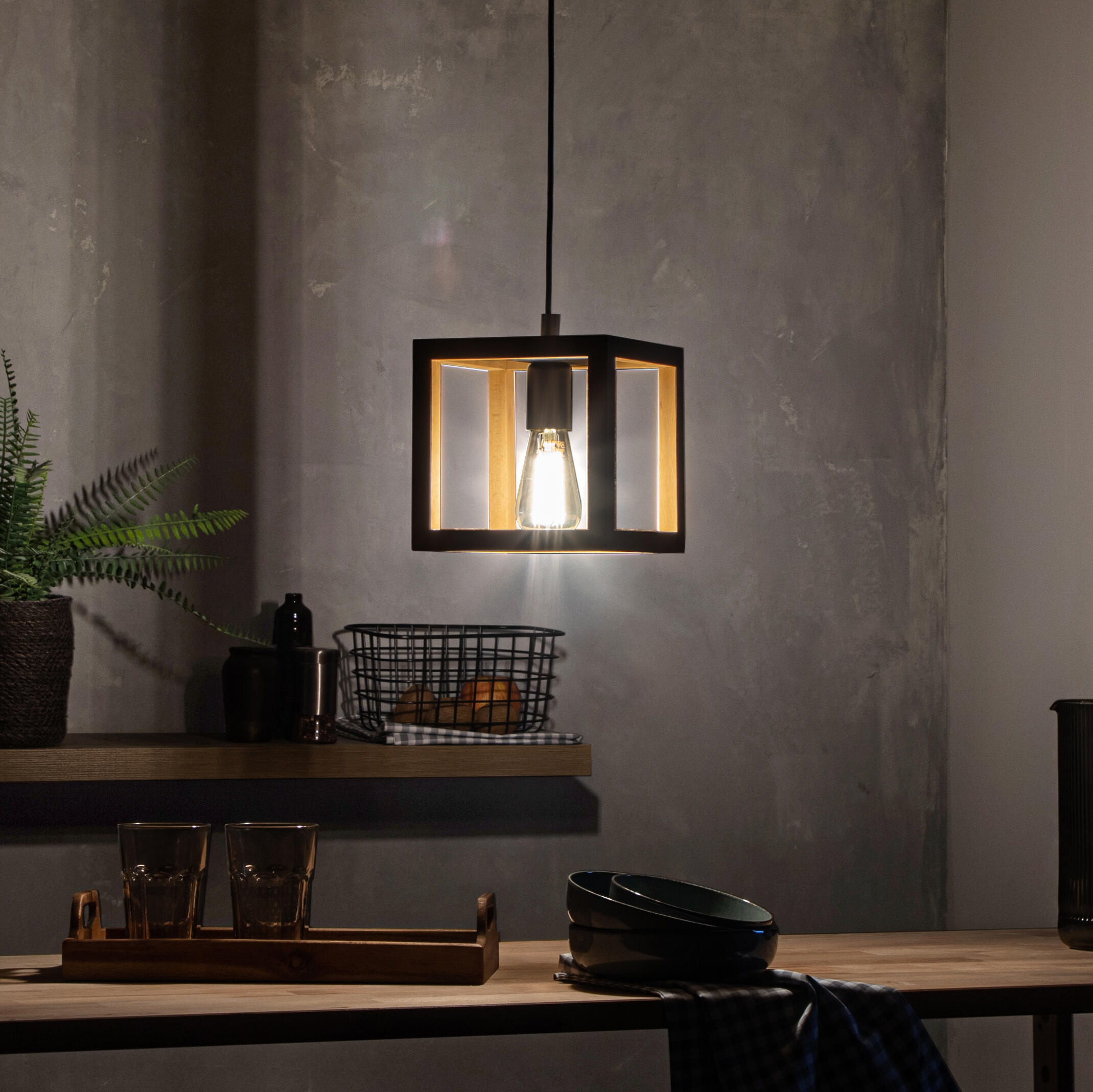 Candeeiro de teto suspenso INSPIRE ELGORT E27 3 LUZES METAL/MADEIRA PRETO - 22