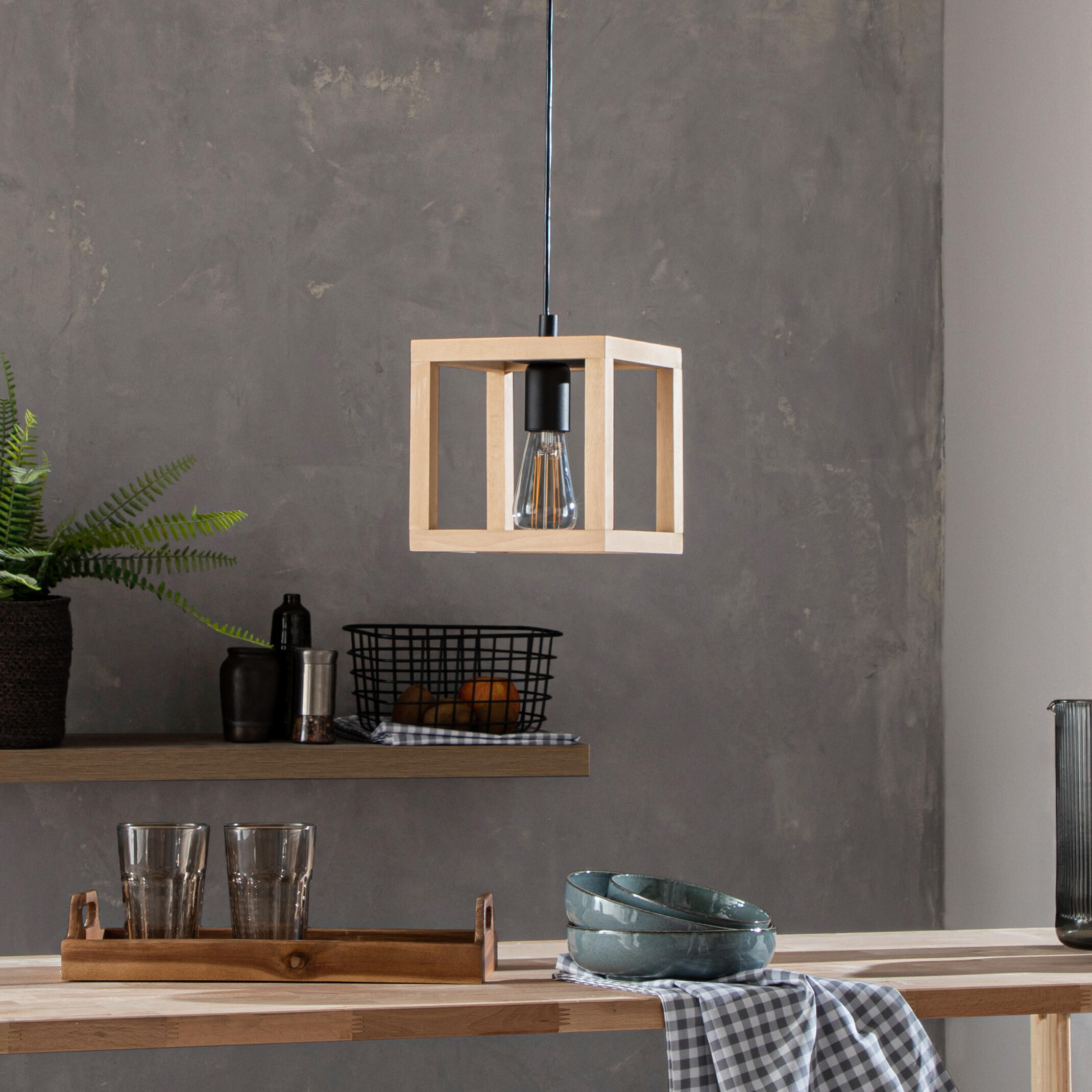 Candeeiro de teto suspenso INSPIRE ELGORT E27 3 LUZES METAL/MADEIRA PRETO - 6