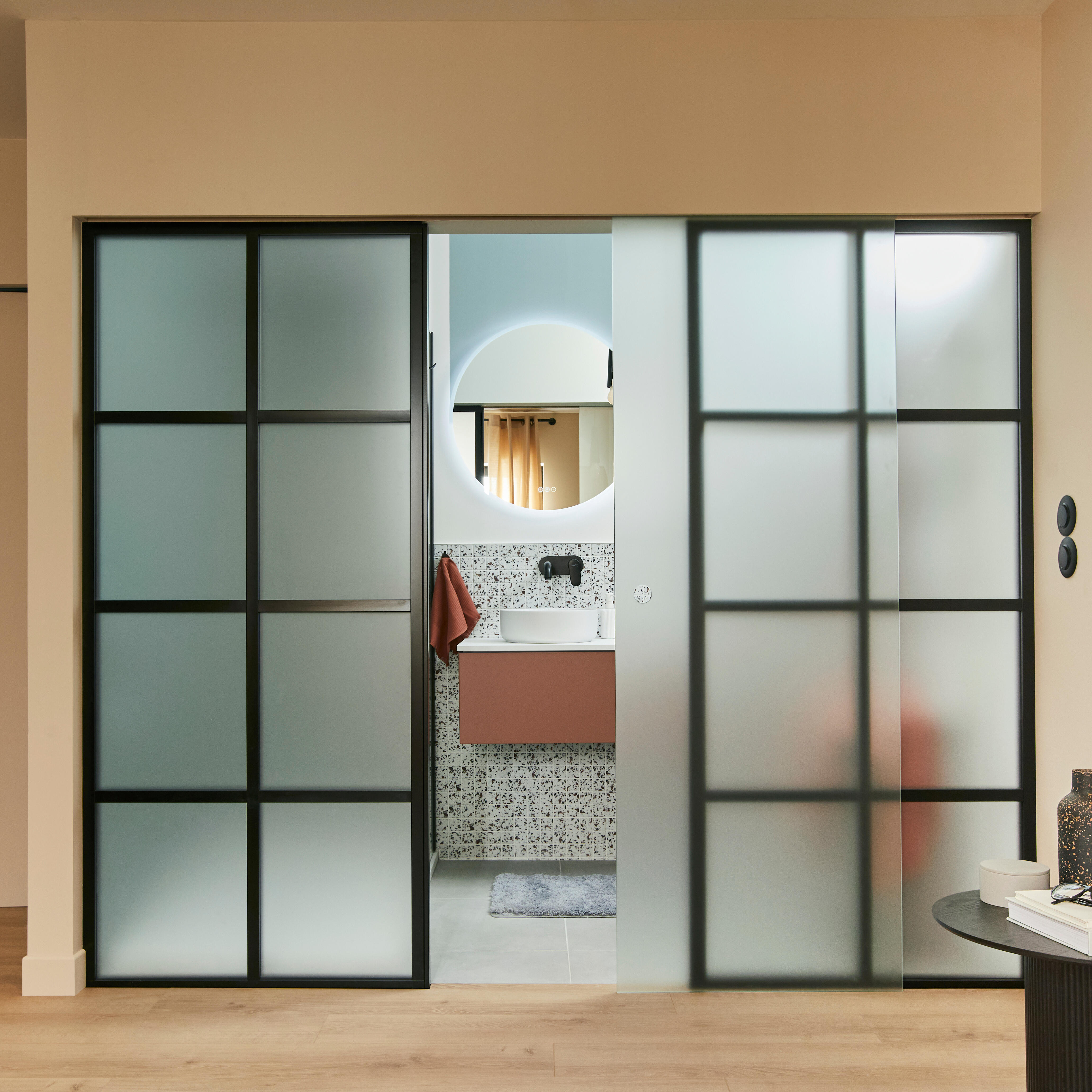 Puerta de interior corredera con cristal templado incluido Artens Orlando mate acabado Acido anchura 73cm - 7