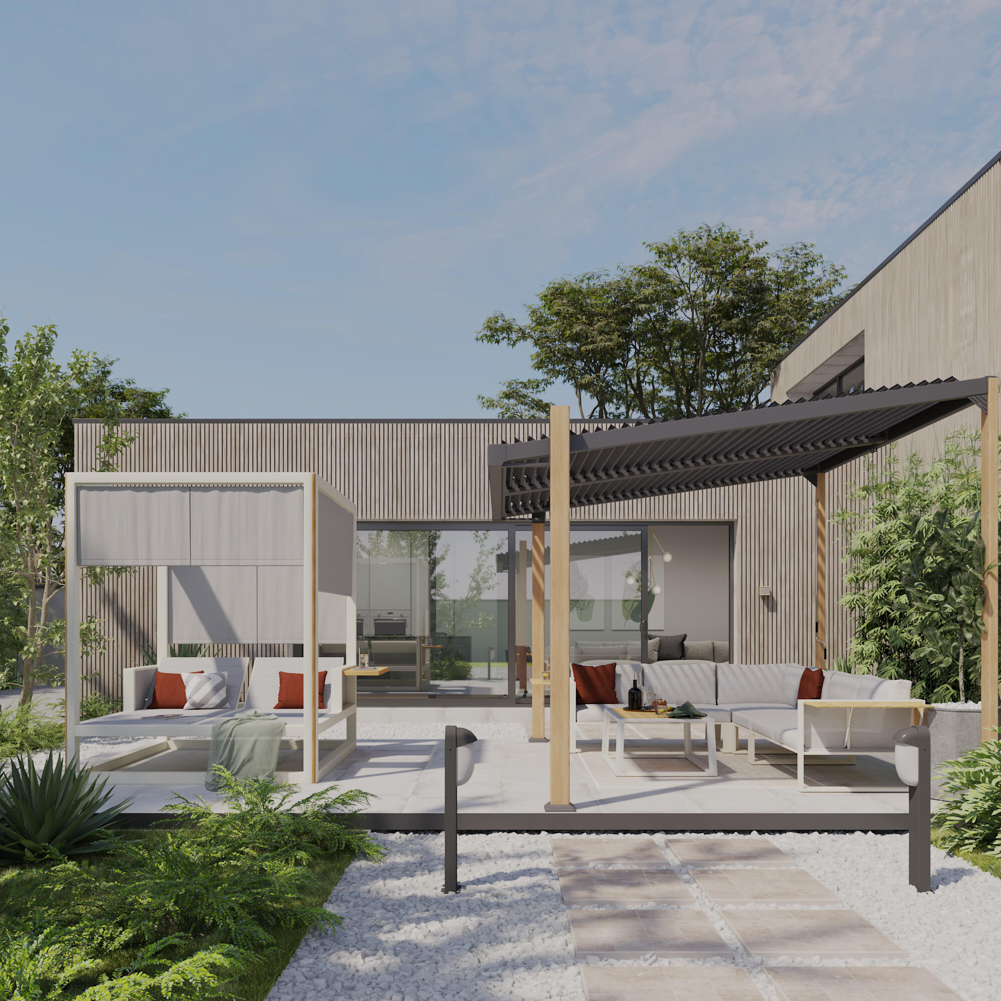 Set de porche esquinero naterial elani de aluminio/madera para 6 personas