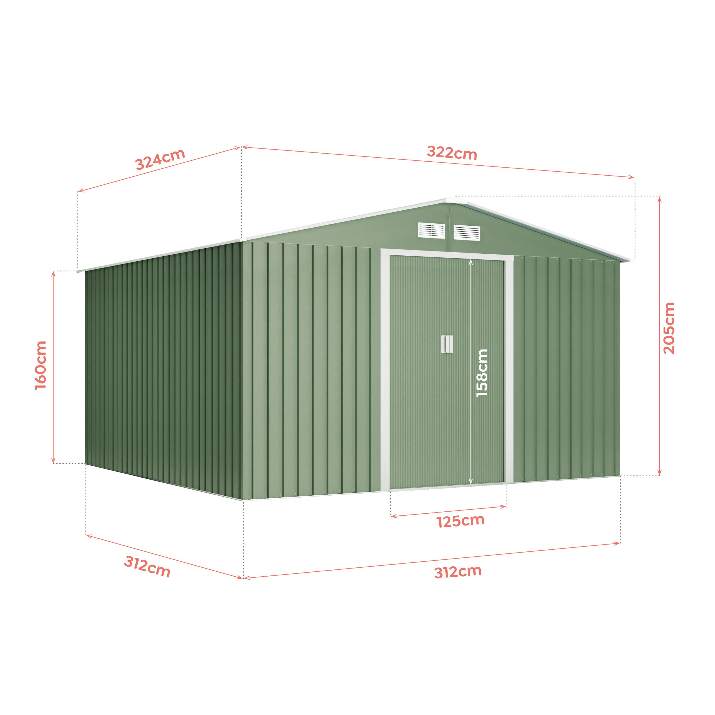 Caseta de metal Light Green de 322x205x324 cm y 10.2 m2 con 0.25 mm espesor y doble puerta corredera - 4