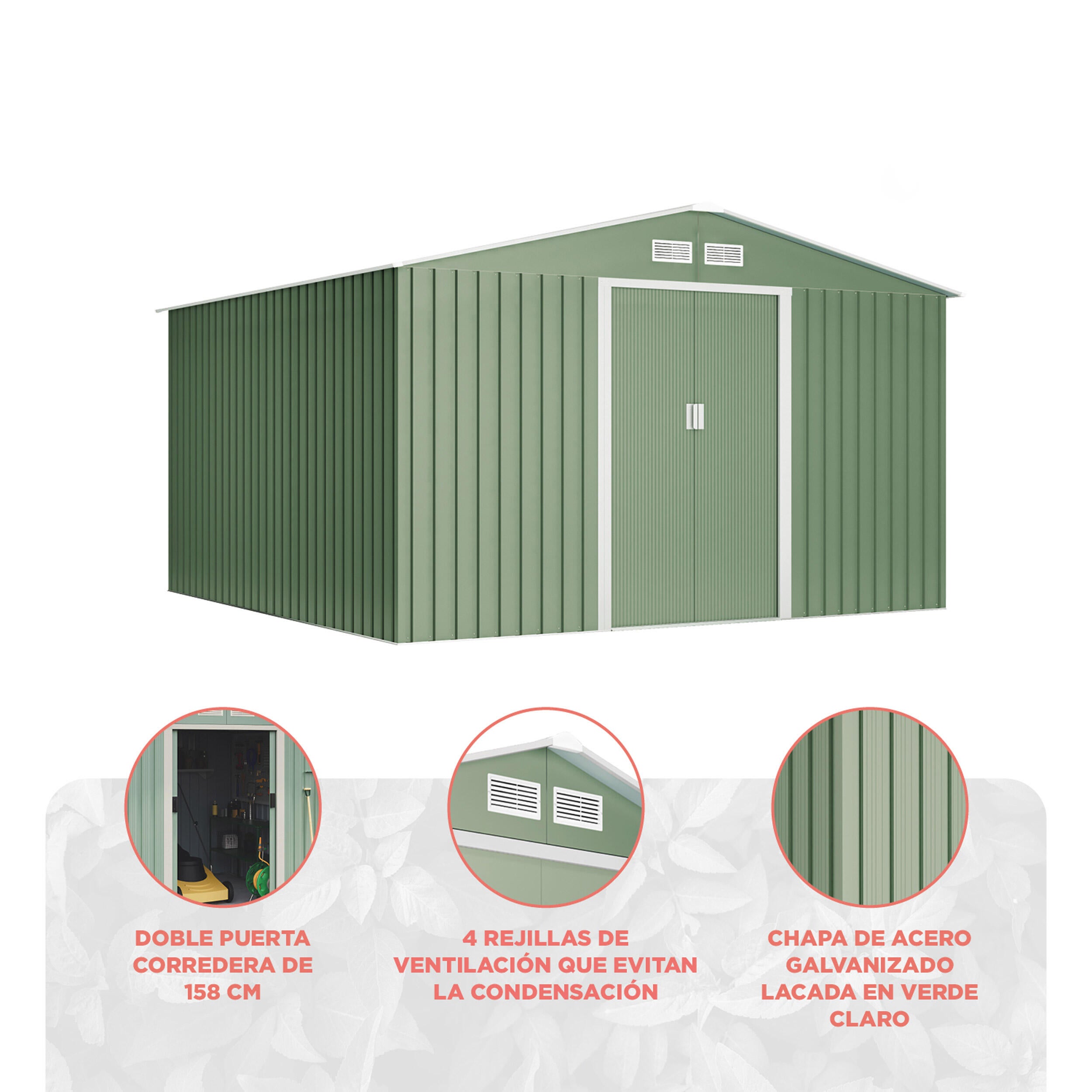 Caseta de metal Light Green de 322x205x324 cm y 10.2 m2 con 0.25 mm espesor y doble puerta corredera - 2