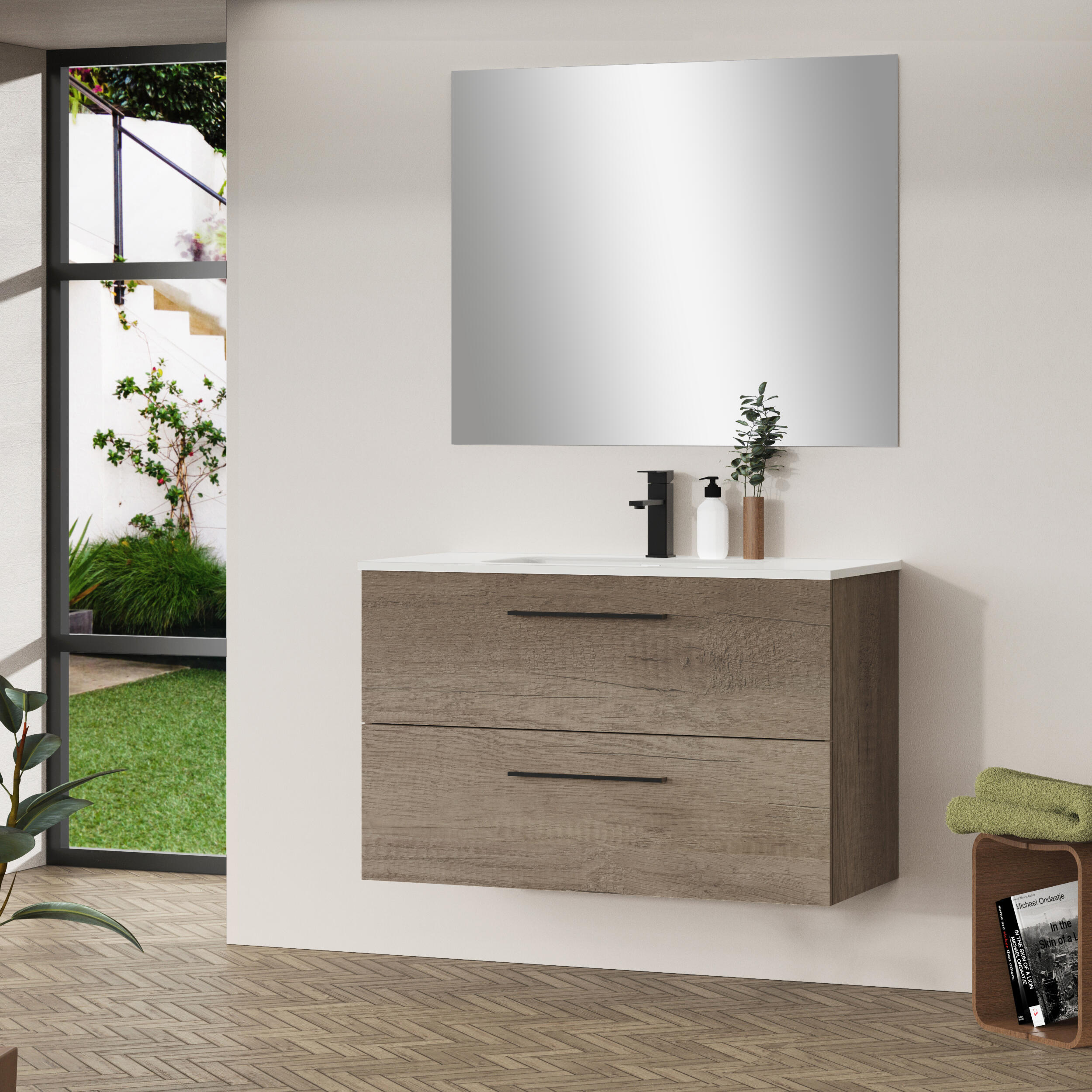 Mueble de baño con lavabo y espejo new sand castaño 100x46 cm