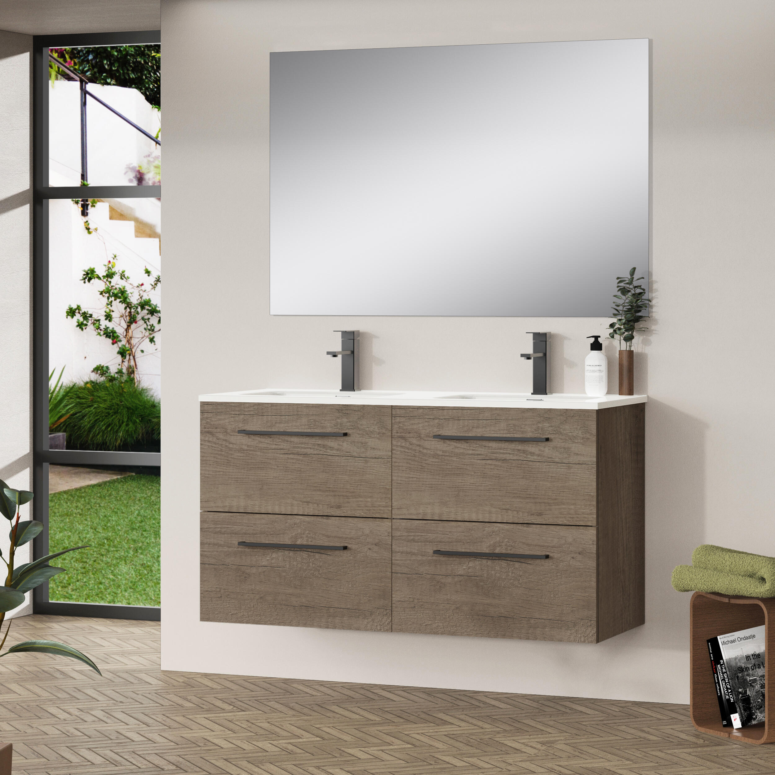Mueble de baño con lavabo y espejo new sand castaño 120x46 cm